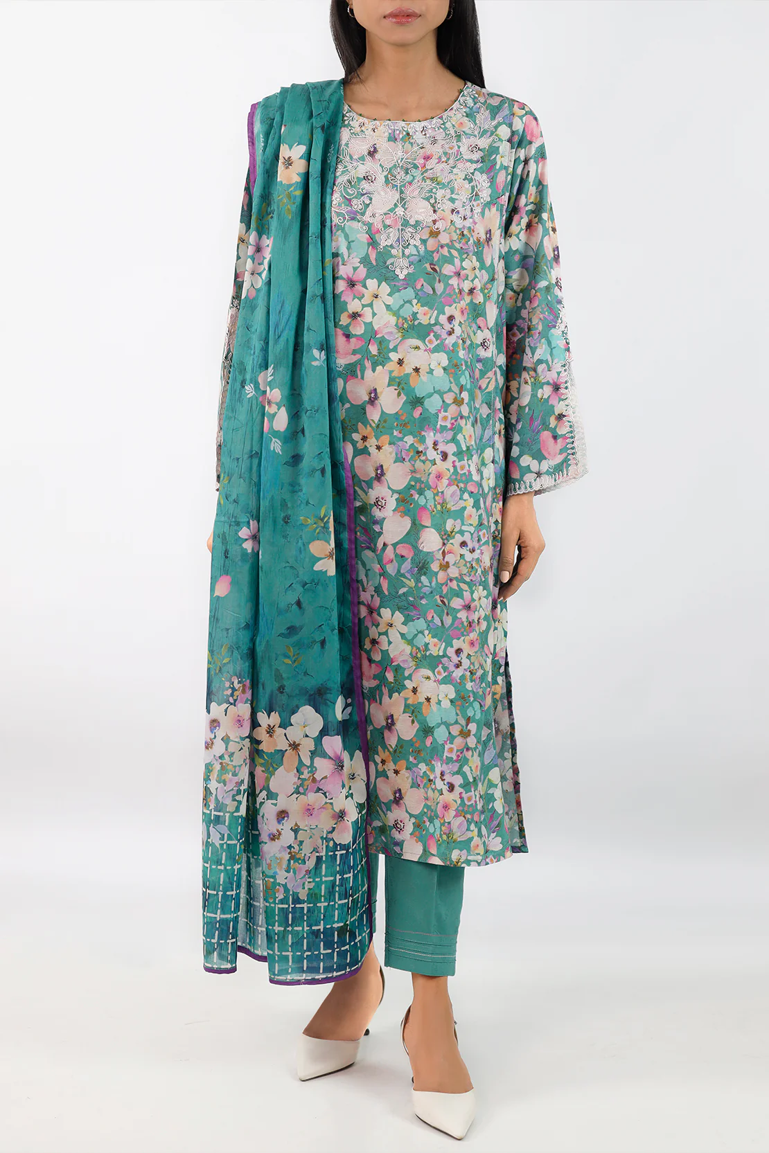 Embroidered Cotton Jacquard Stitched 2 Piece (Shirt/Trouser) - Image 2