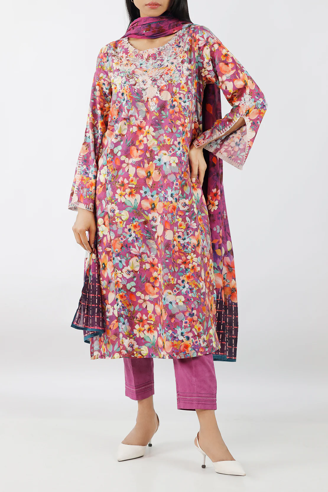 Embroidered Cotton Jacquard Stitched 2 Piece (Shirt/Trouser) - Image 3