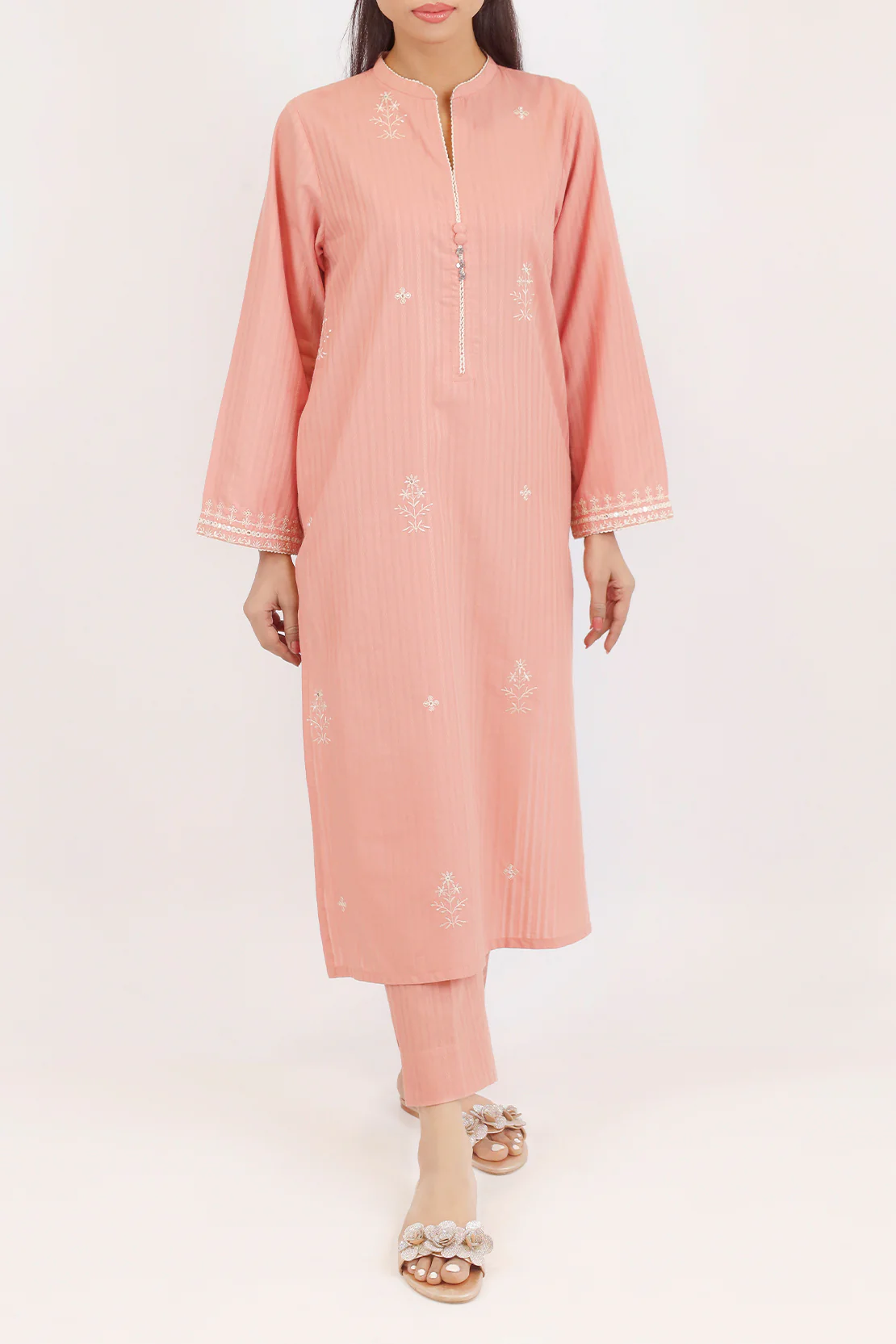Embroidered Cotton Jacquard Stitched 2 Piece (Shirt/Trouser) - Image 2