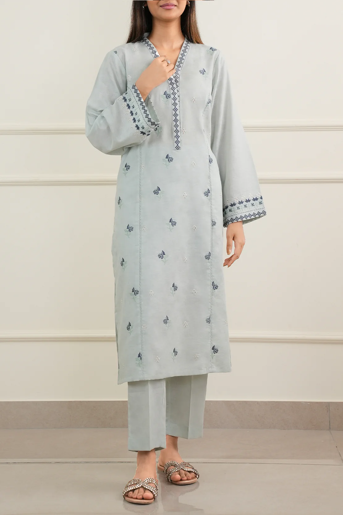 Embroidered Cotton Jacquard Stitched 2 Piece (Shirt/Trouser) - Image 2