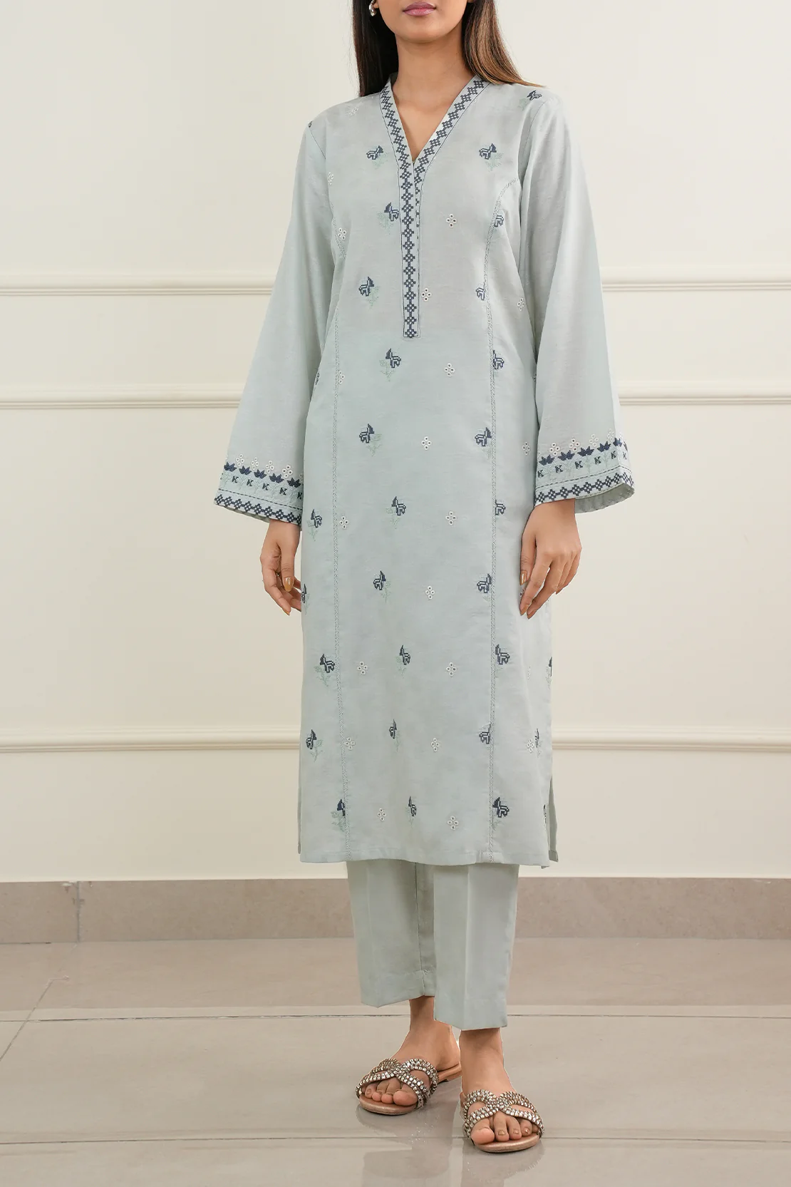 Embroidered Cotton Jacquard Stitched 2 Piece (Shirt/Trouser) - Image 3