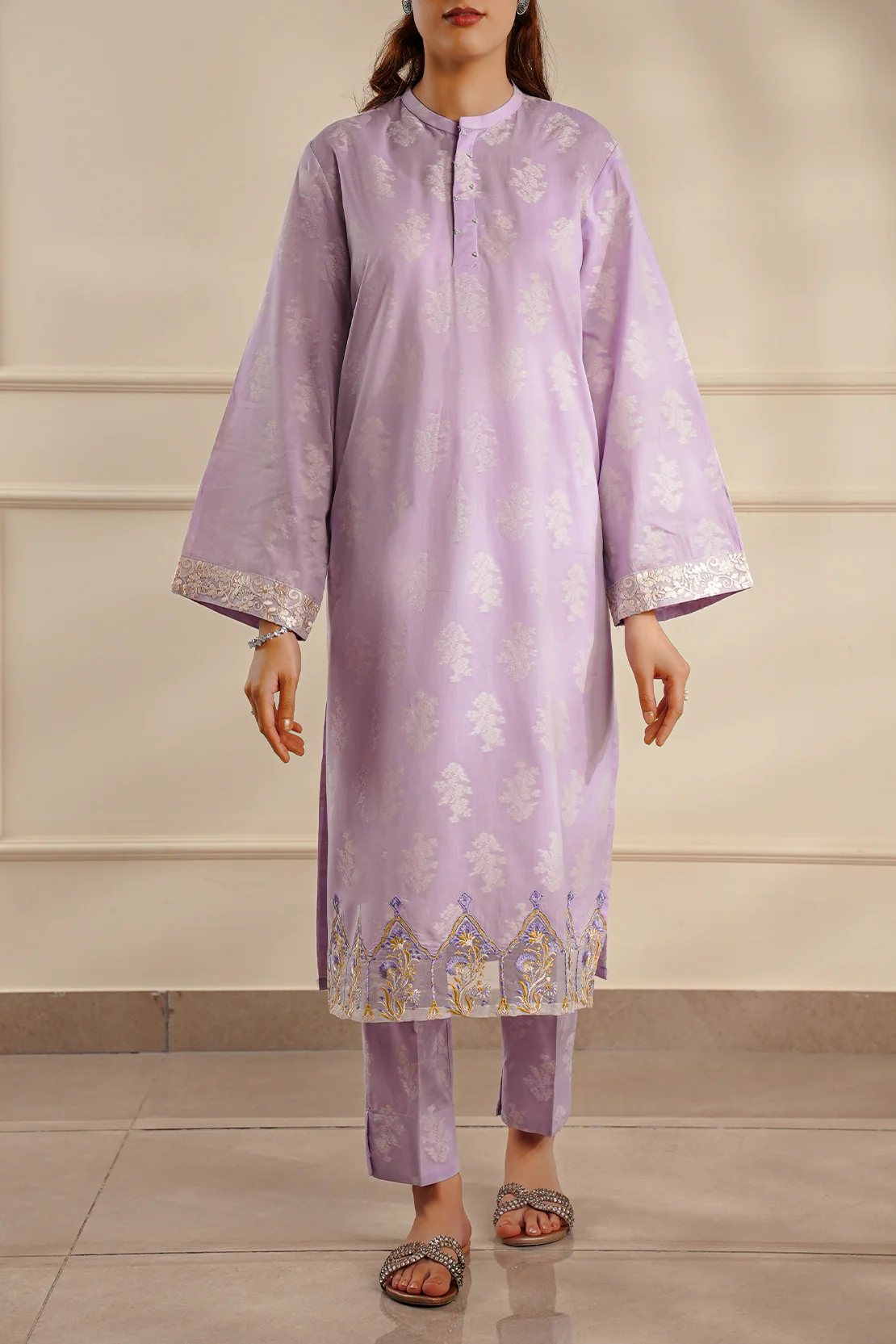 Embroidered Cotton Jacquard Stitched 2 Piece (Shirt/Trouser) - Image 2