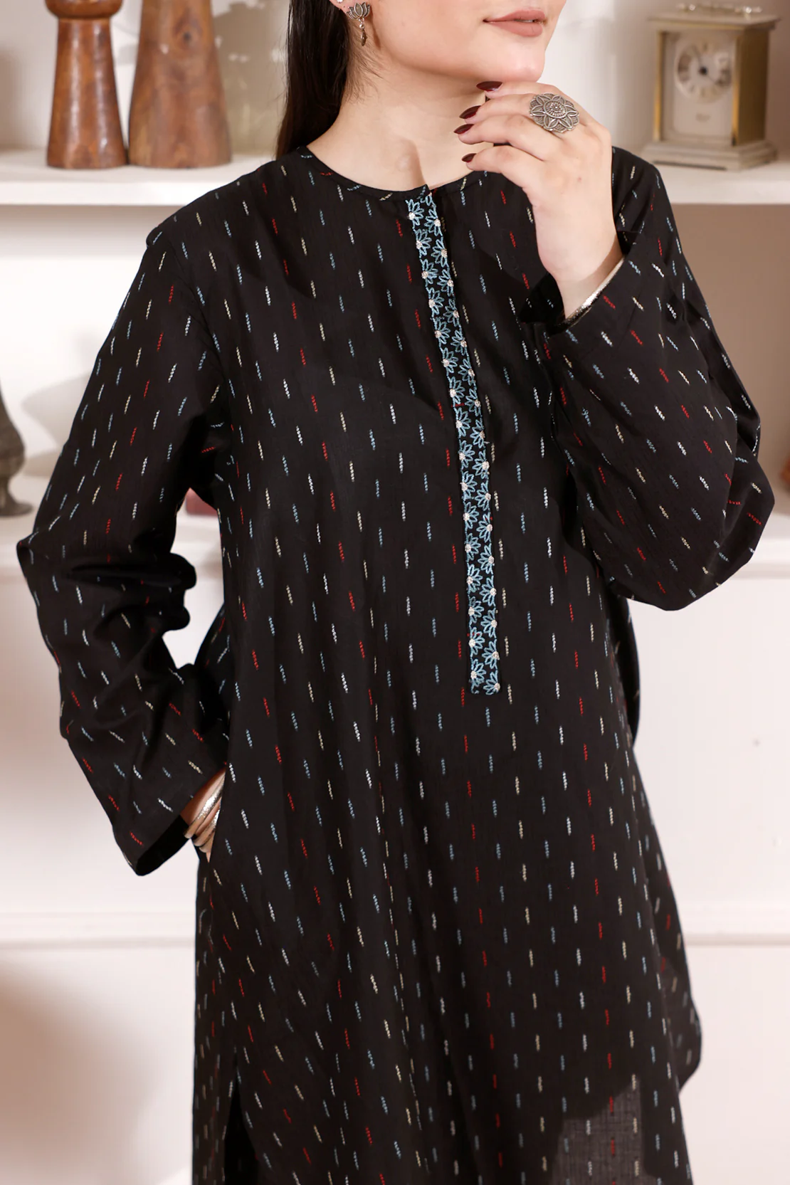 Embroidered Cotton Jacquard Stitched 2 Piece (Shirt/Trouser) - Image 2