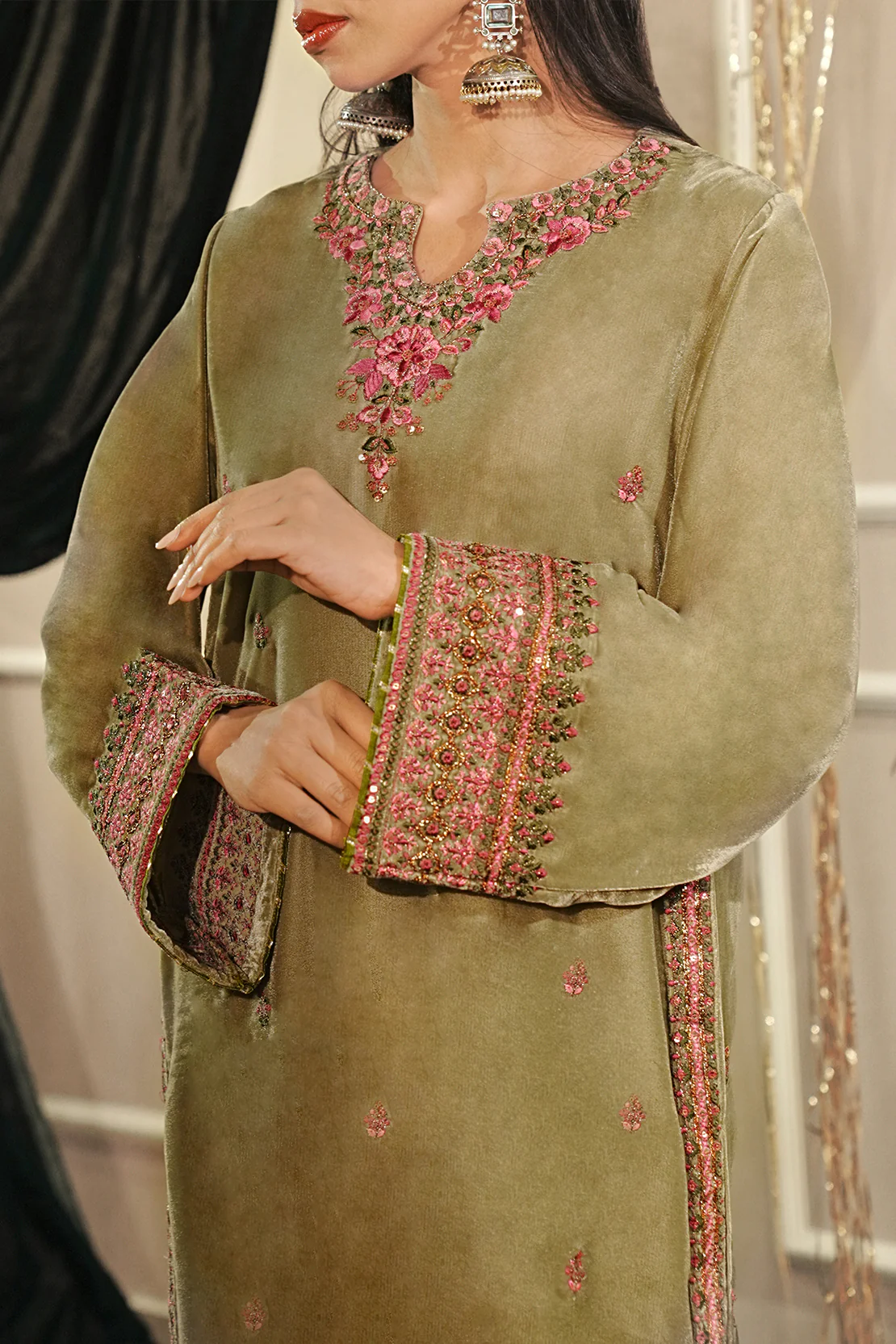 Embroidered Velvet Stitched Shirt
