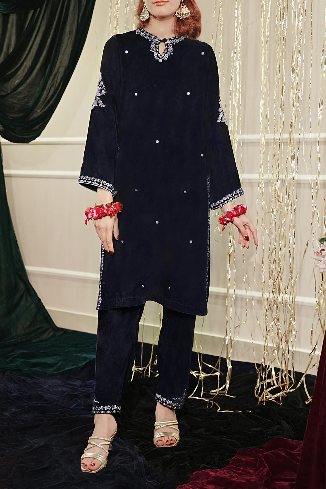 Solid Embroidered Velvet Stitched Shirt - Image 2