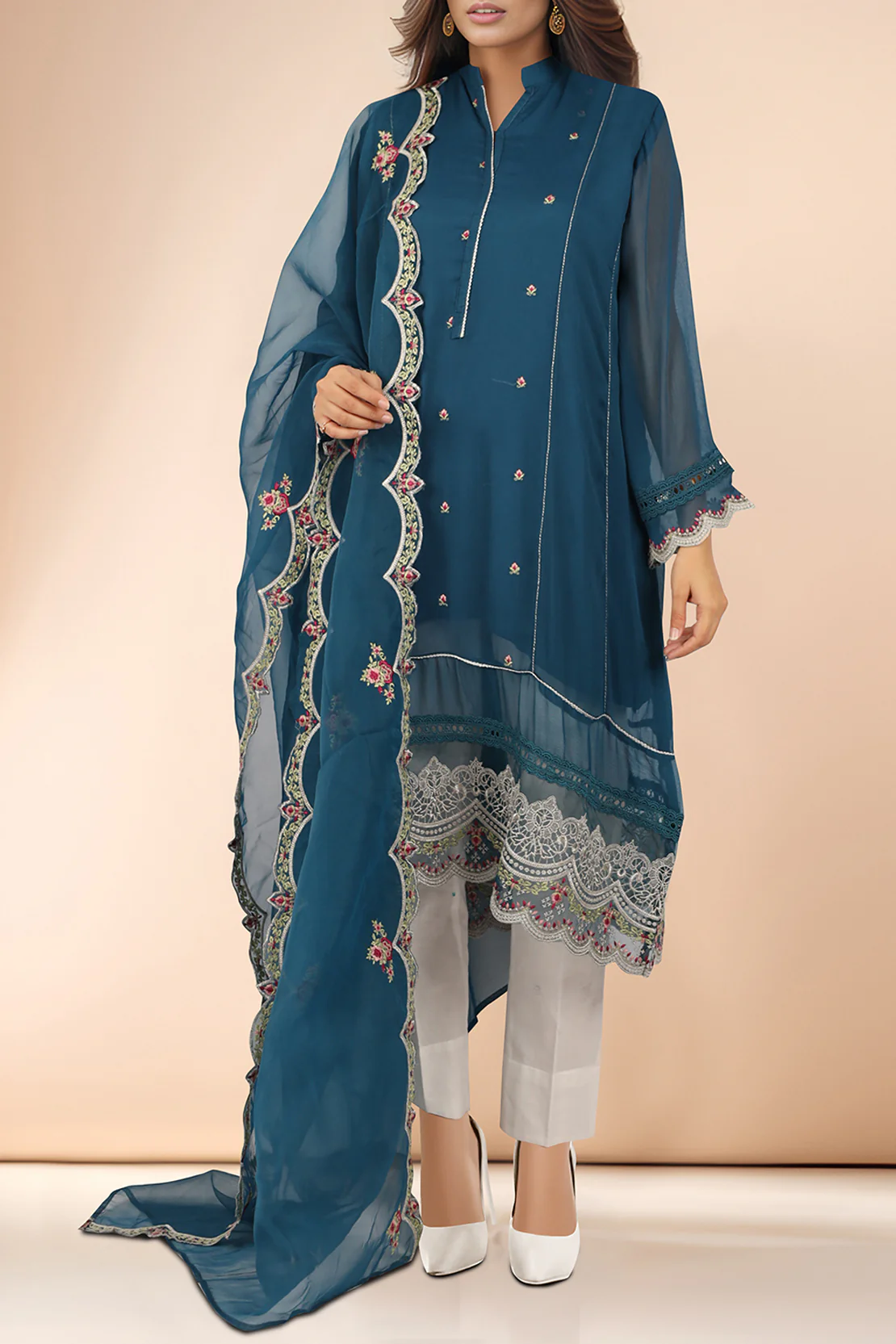 Luxury Pret Embroidered Chiffon Stitched 2 Piece Shirt Dupatta