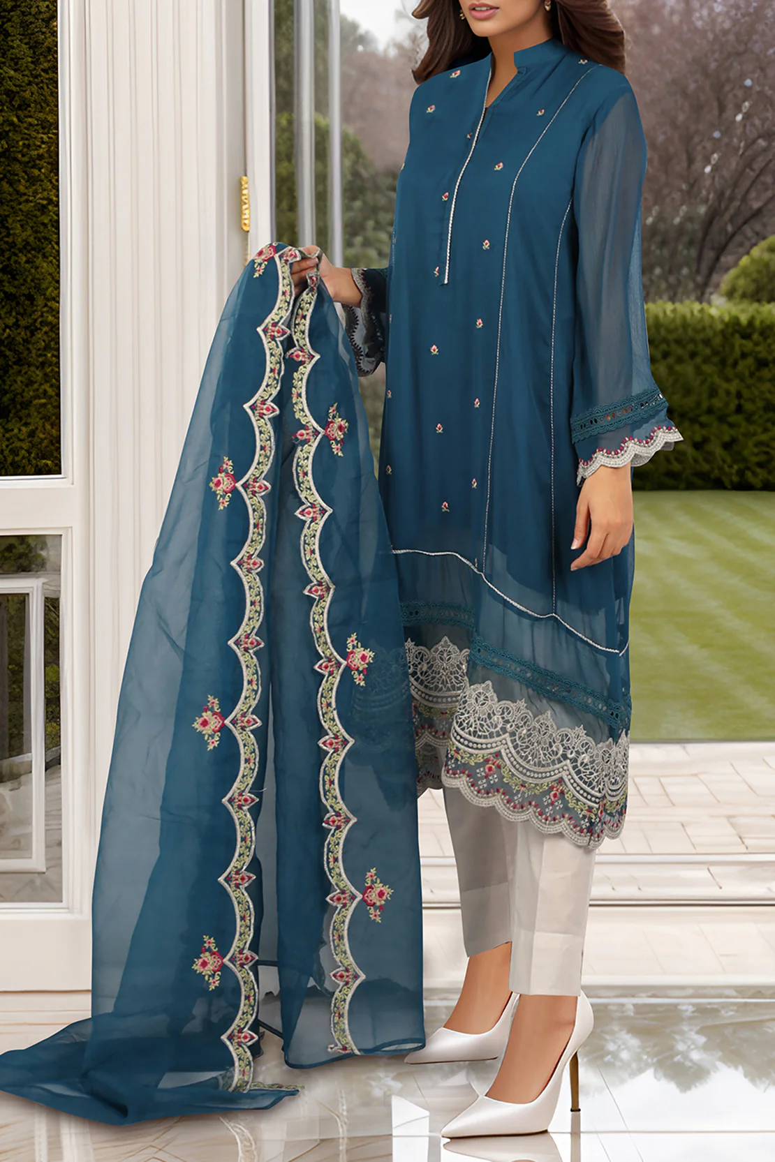 Luxury Pret Embroidered Chiffon Stitched 2 Piece Shirt Dupatta - Image 3