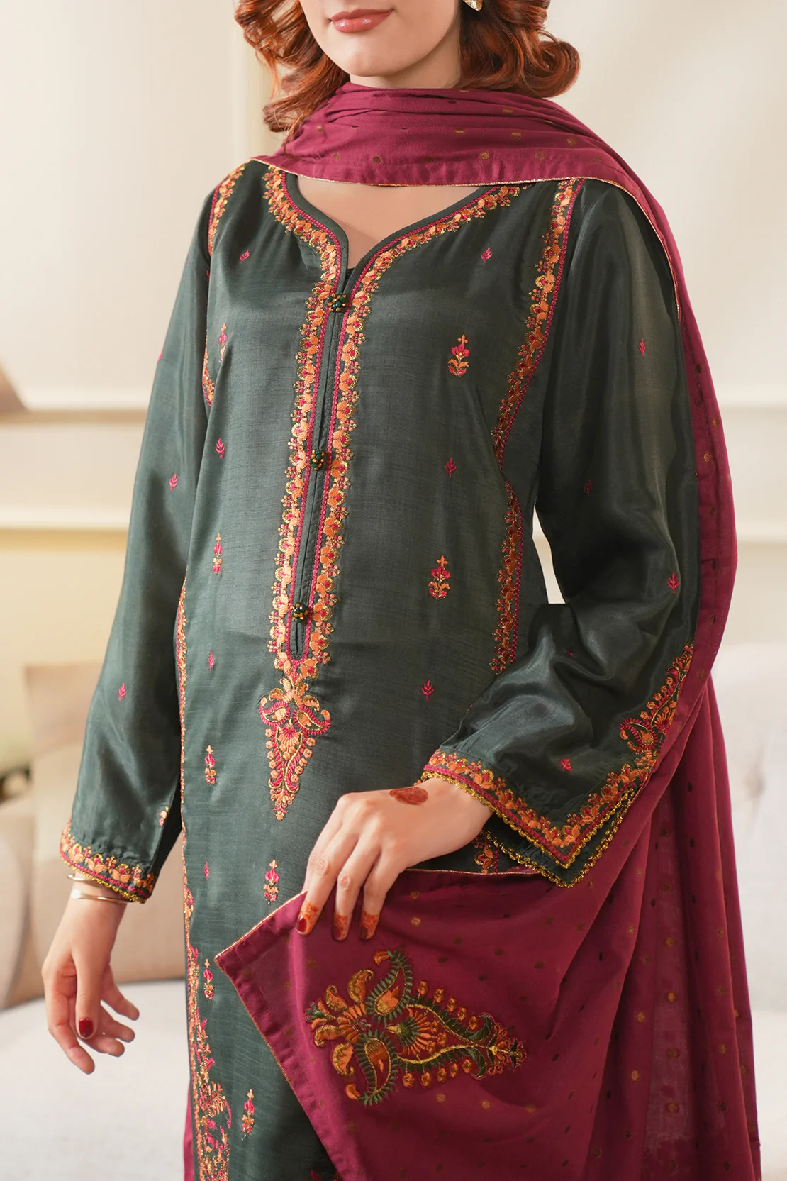Luxury Pret Embroidered Raw Silk Stitched 3 Piece - Image 6
