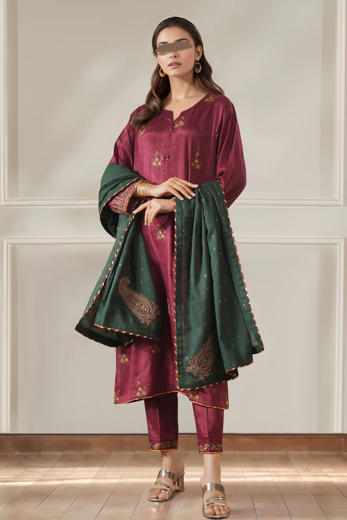 Luxury Pret Embroidered Raw Silk Stitched 3 Piece - Image 3