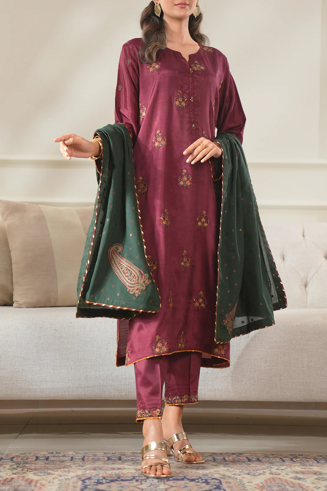 Luxury Pret Embroidered Raw Silk Stitched 3 Piece - Image 5