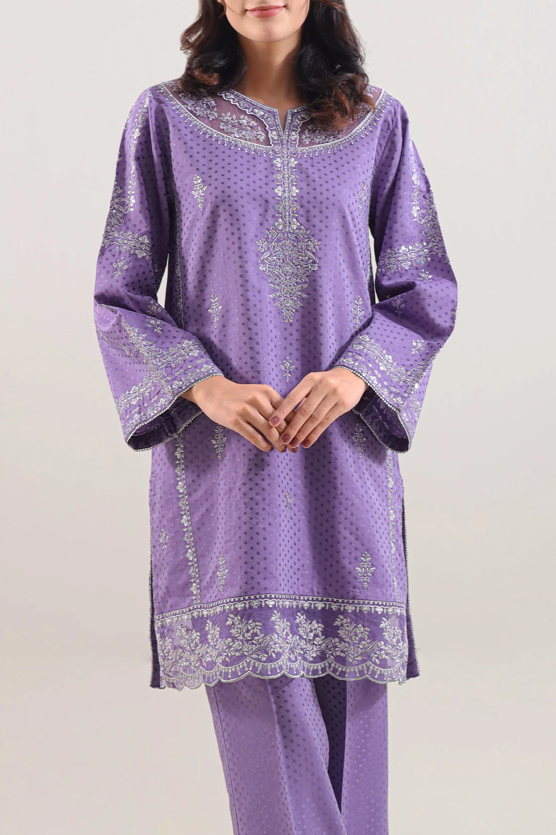 Luxury Pret Embroidered Self Jacquard Stitched 2 Piece (Shirt/Trouser) - Image 2