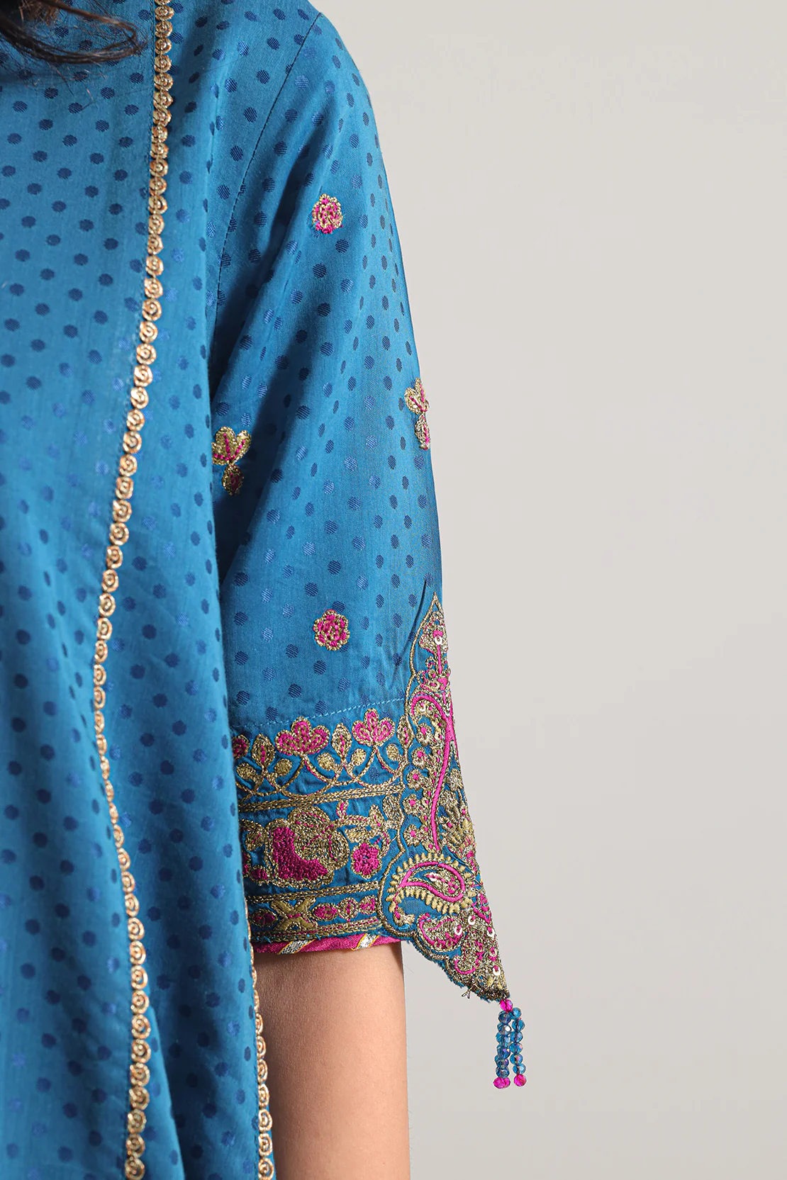 Luxury Pret Embroidered Self Jacquard Stitched 2 Piece (Shirt/Trouser) - Image 5