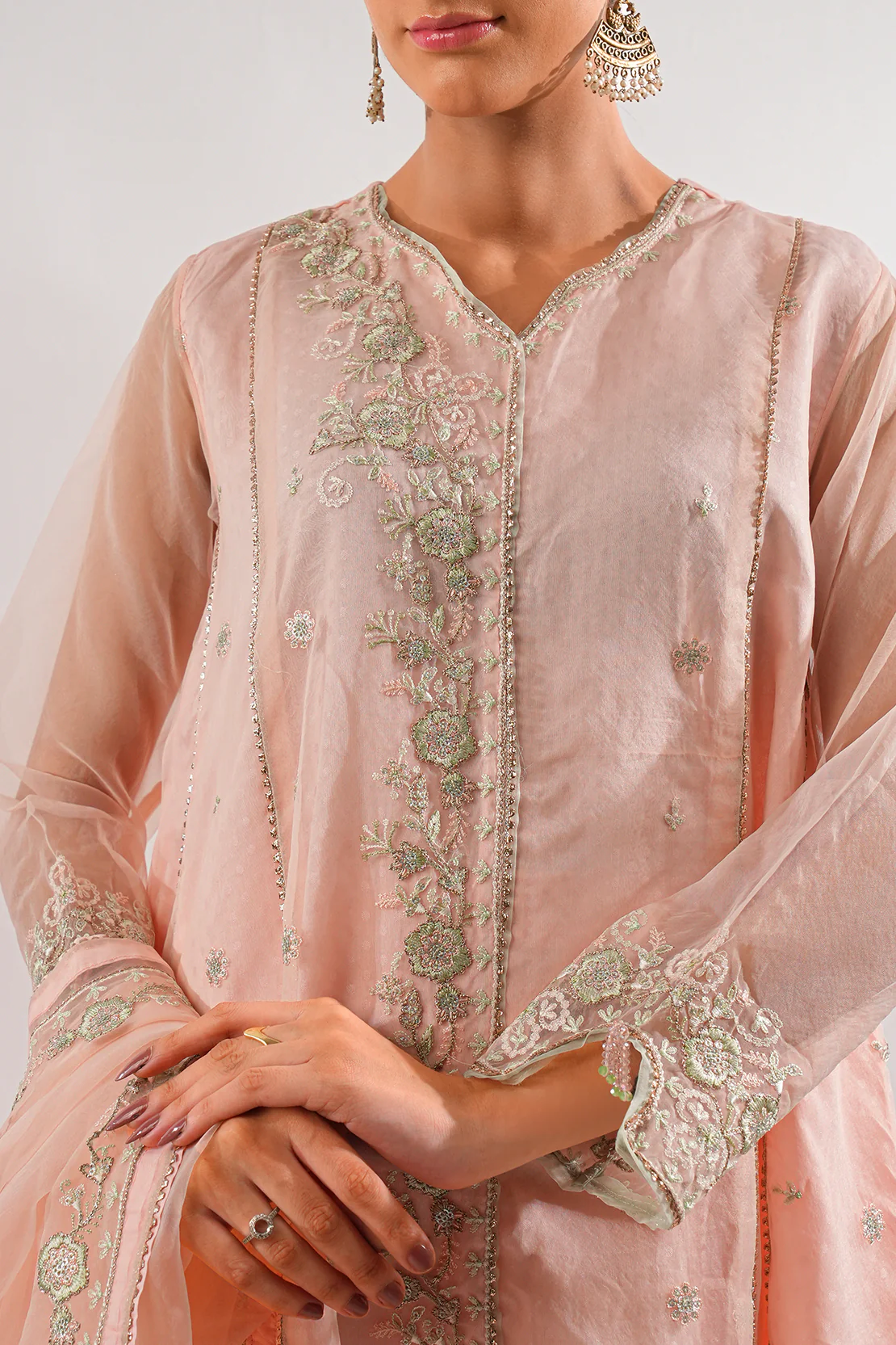Luxury Pret Embroidered Self Jacquard Stitched Shirt - Image 5