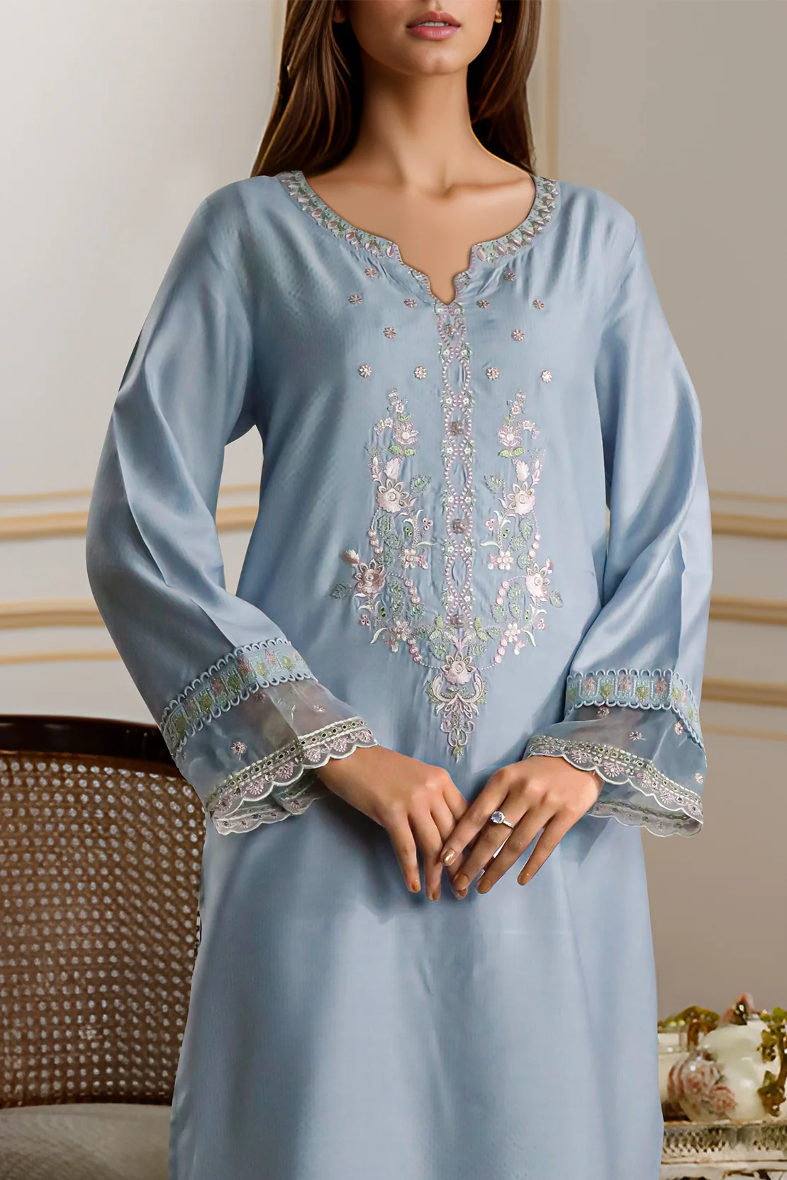 Luxury Pret Embroidered Zari Silk Touch Stitched 2 Piece (Shirt/Trouser)