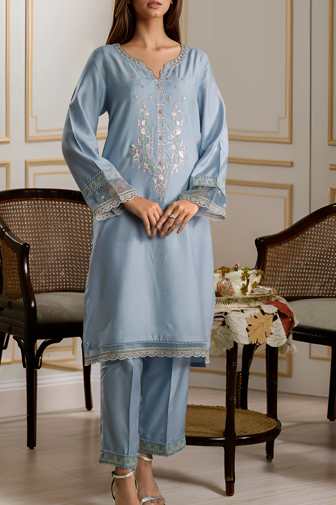 Luxury Pret Embroidered Zari Silk Touch Stitched 2 Piece (Shirt/Trouser) - Image 2