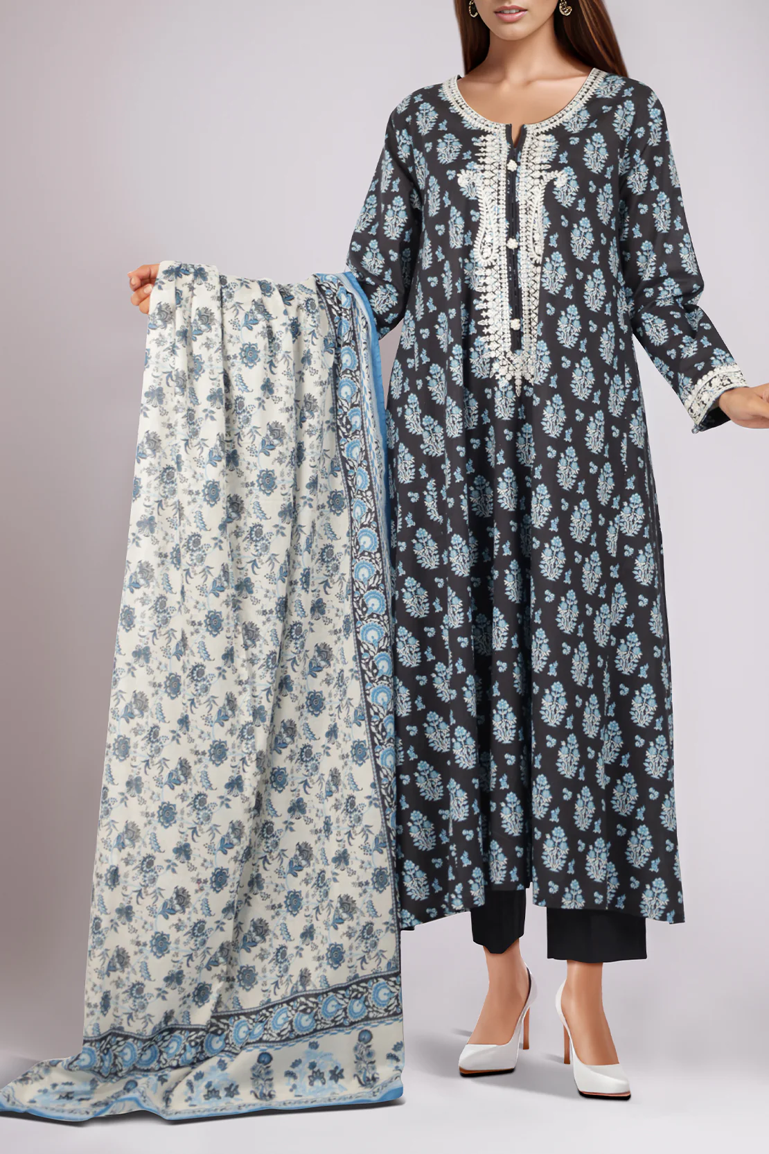 Luxury Pret Printed Embroidered Lawn Stitched 2 Piece (Shirt/Trouser) - Image 2