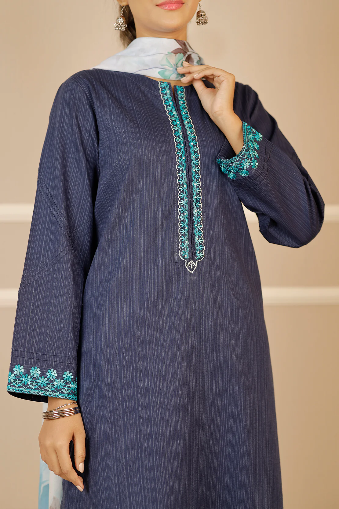 Printed Embroidered Cotton Dobby Stitched 3 Piece