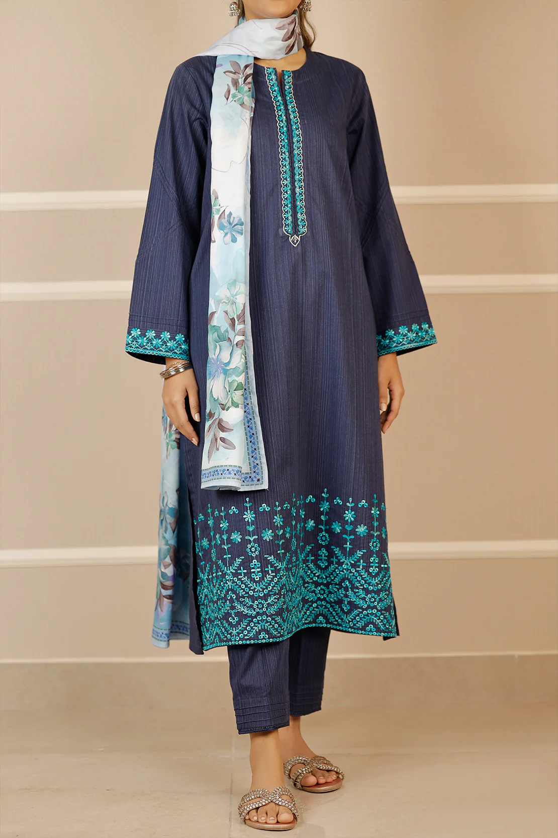 Printed Embroidered Cotton Dobby Stitched 3 Piece - Image 2