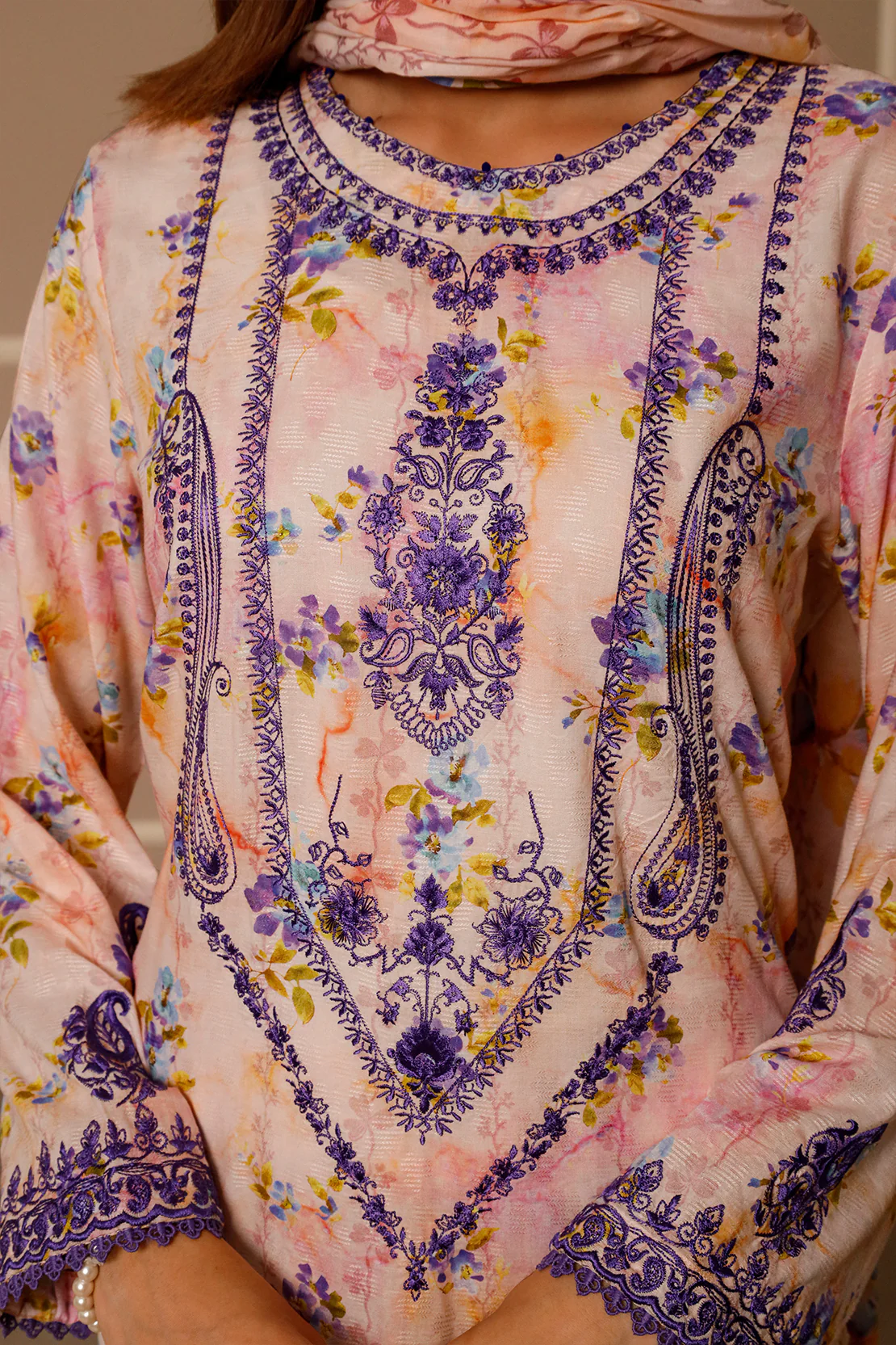 Printed+Embroidered Cotton Jacquard Stitched 2 Piece (Shirt/Trouser) - Image 2