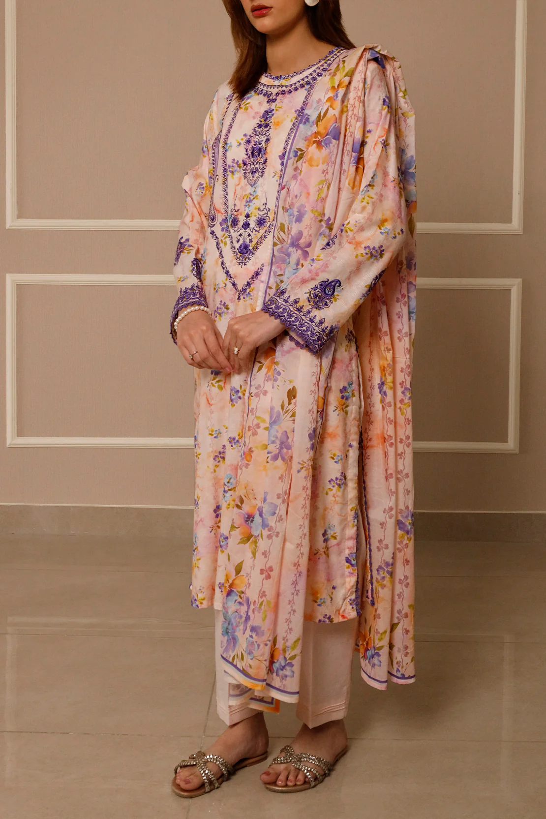 Printed+Embroidered Cotton Jacquard Stitched 2 Piece (Shirt/Trouser) - Image 4