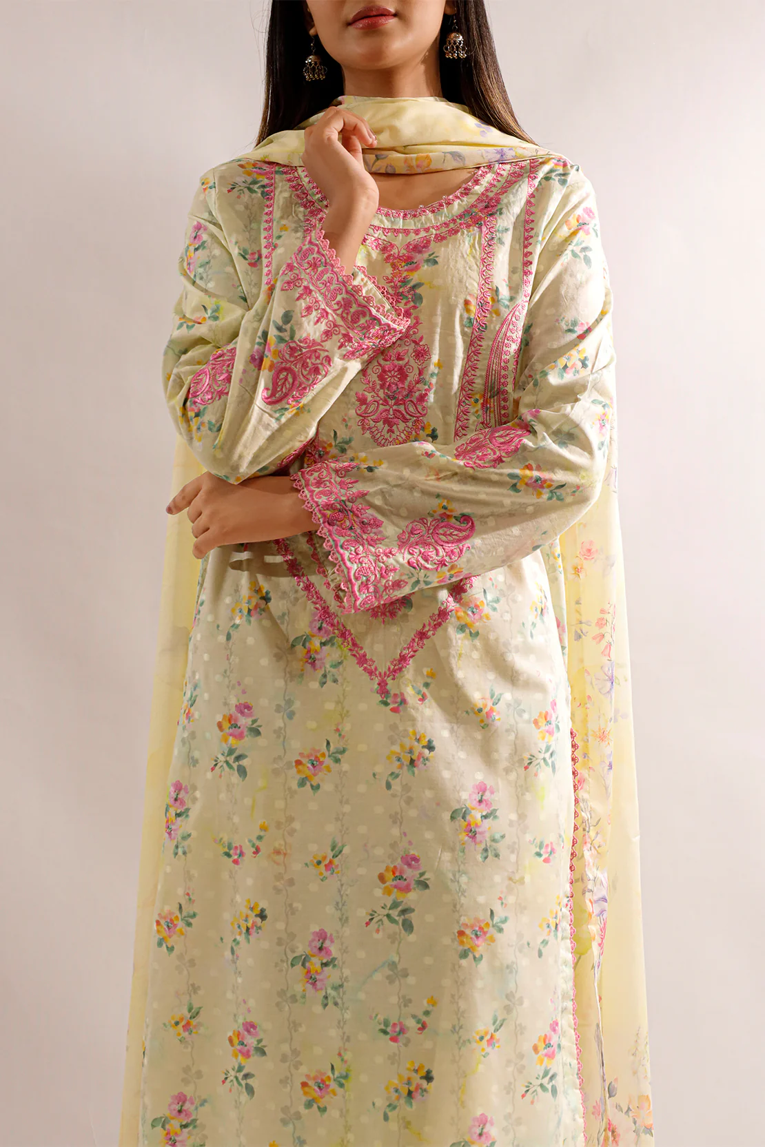 Printed Embroidered Self Jacquard Stitched 2 Piece (Shirt/Dupatta) - Image 2