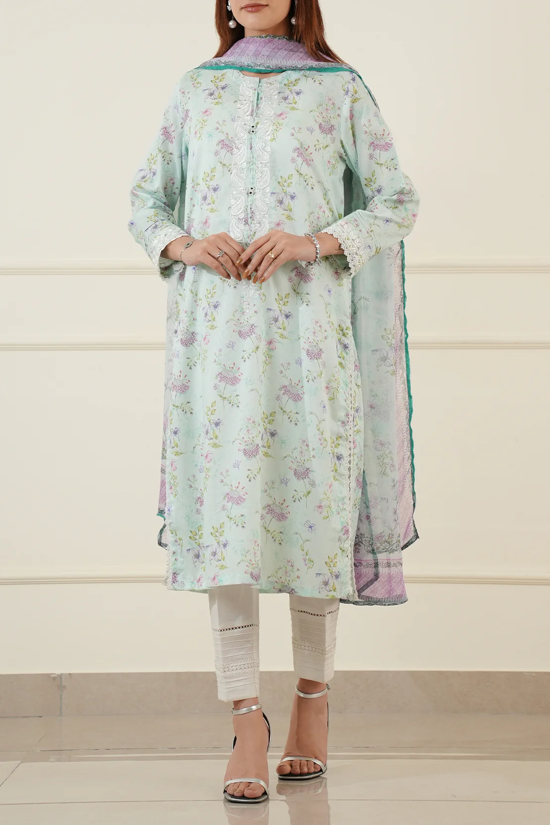 Printed Embroidered Self Jacquard Stitched 2 Piece (Shirt/Dupatta) - Image 4