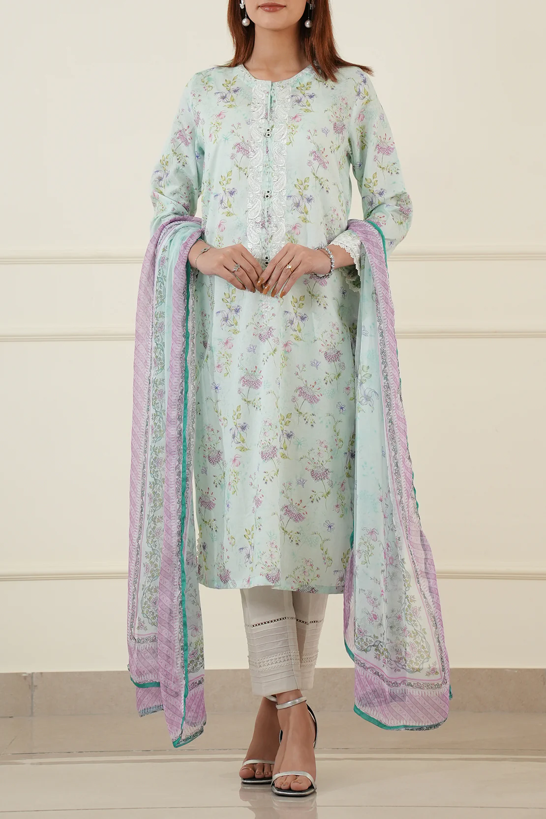 Printed Embroidered Self Jacquard Stitched 2 Piece (Shirt/Dupatta) - Image 5