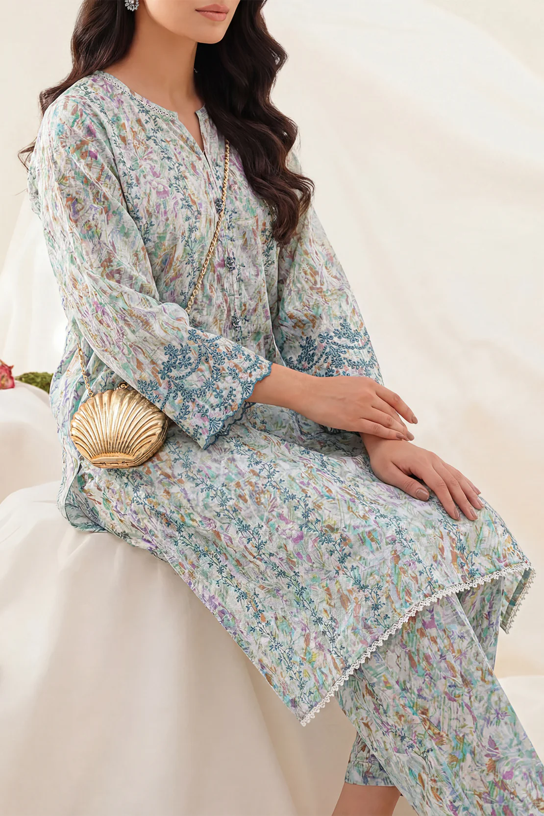 Printed Embroidered Self Strip Lawn Stitched 2 Piece (Shirt/Trouser) - Image 2