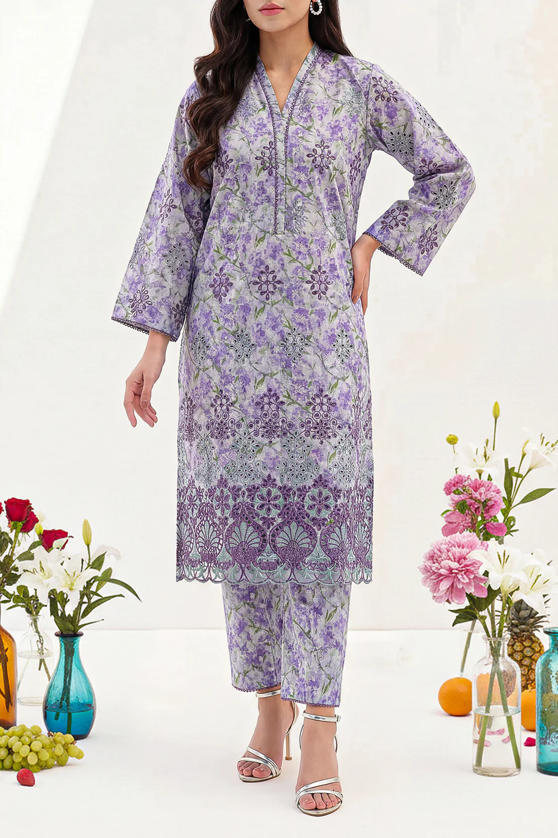 Printed Embroidered Self Strip Lawn Stitched 2 Piece (Shirt/Trouser)