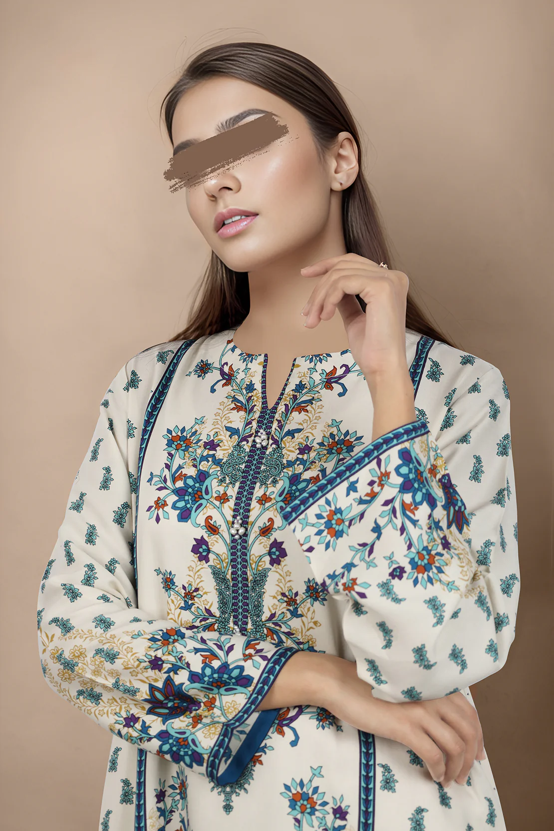 Printed Pashmina Stitched Shirt - Image 3