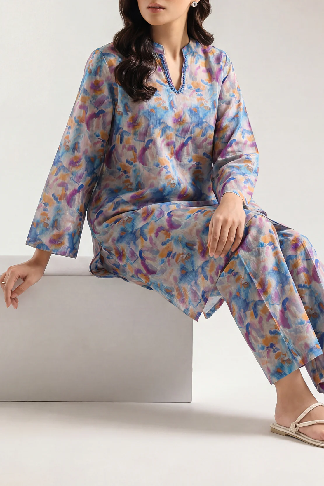 Printed Self Strip Lawn Stitched 2 Piece (Shirt/Trouser)