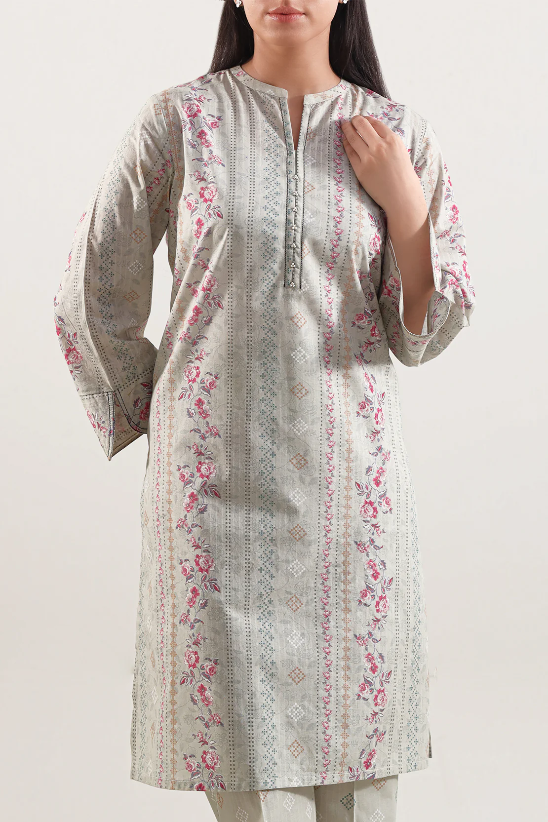 Printed Self Strip Lawn Stitched Shirt - Image 2