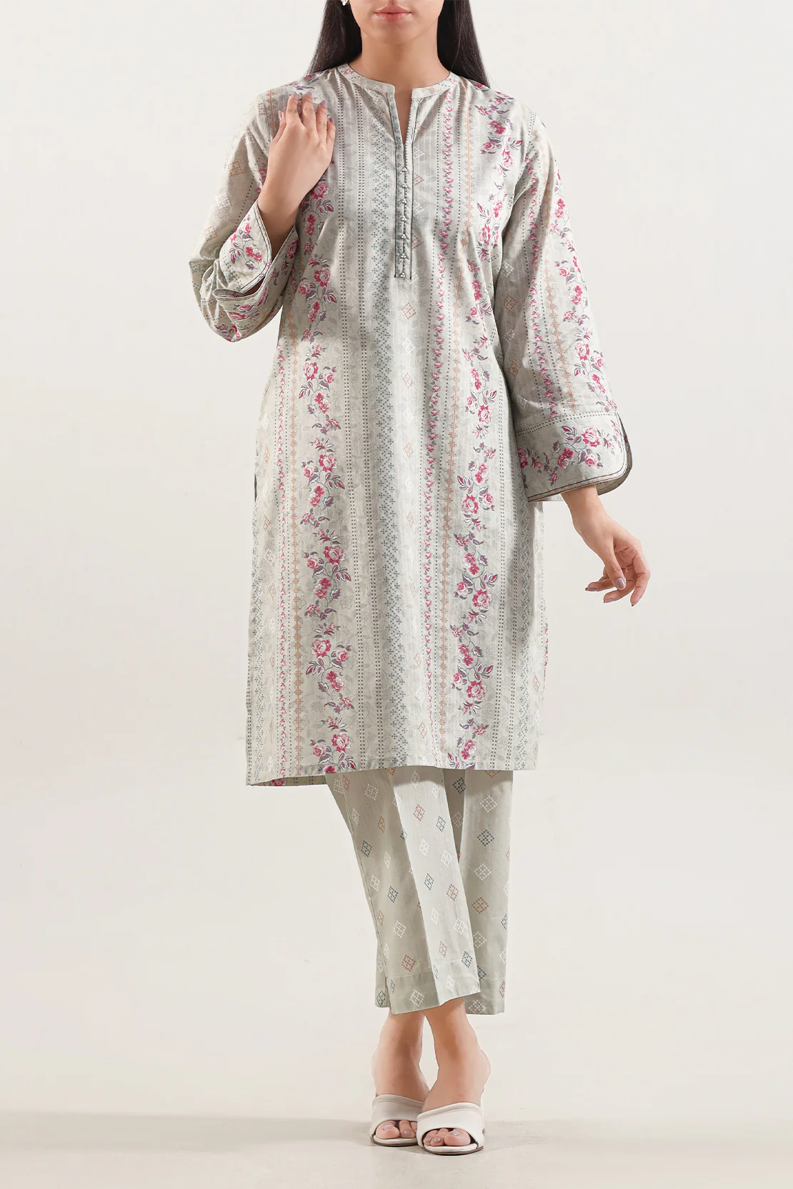 Printed Self Strip Lawn Stitched Shirt - Image 3