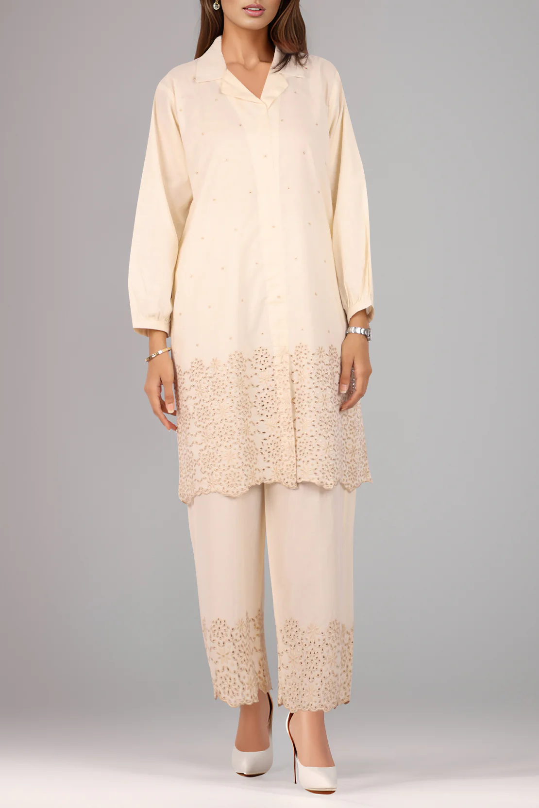 Solid Embroidered Cotton Stitched 2 Piece (Shirt/Trouser) - Image 3
