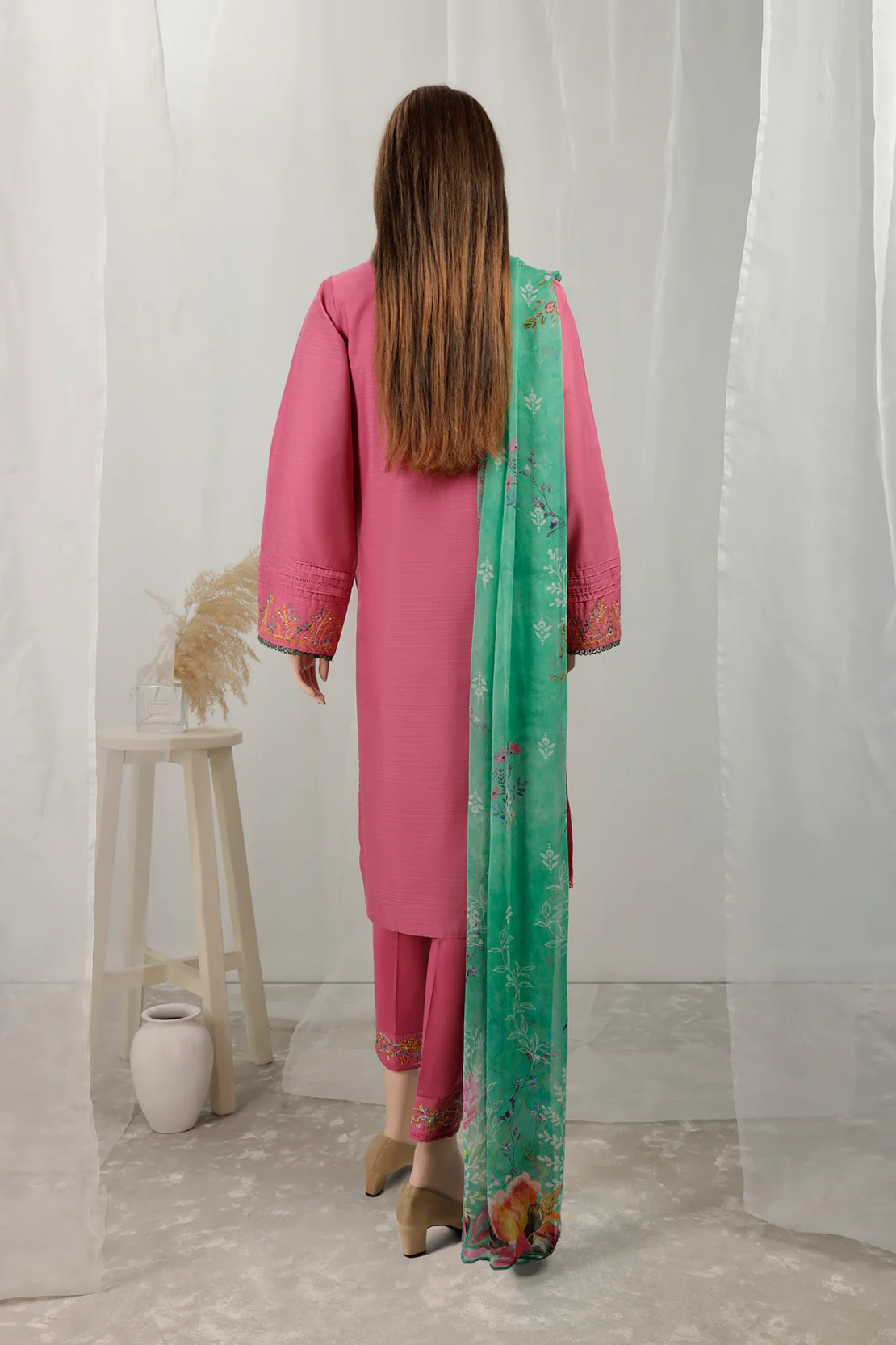 Solid Emb Zari Filament Stitched 3 Piece with Chiffon Dupatta - Image 2