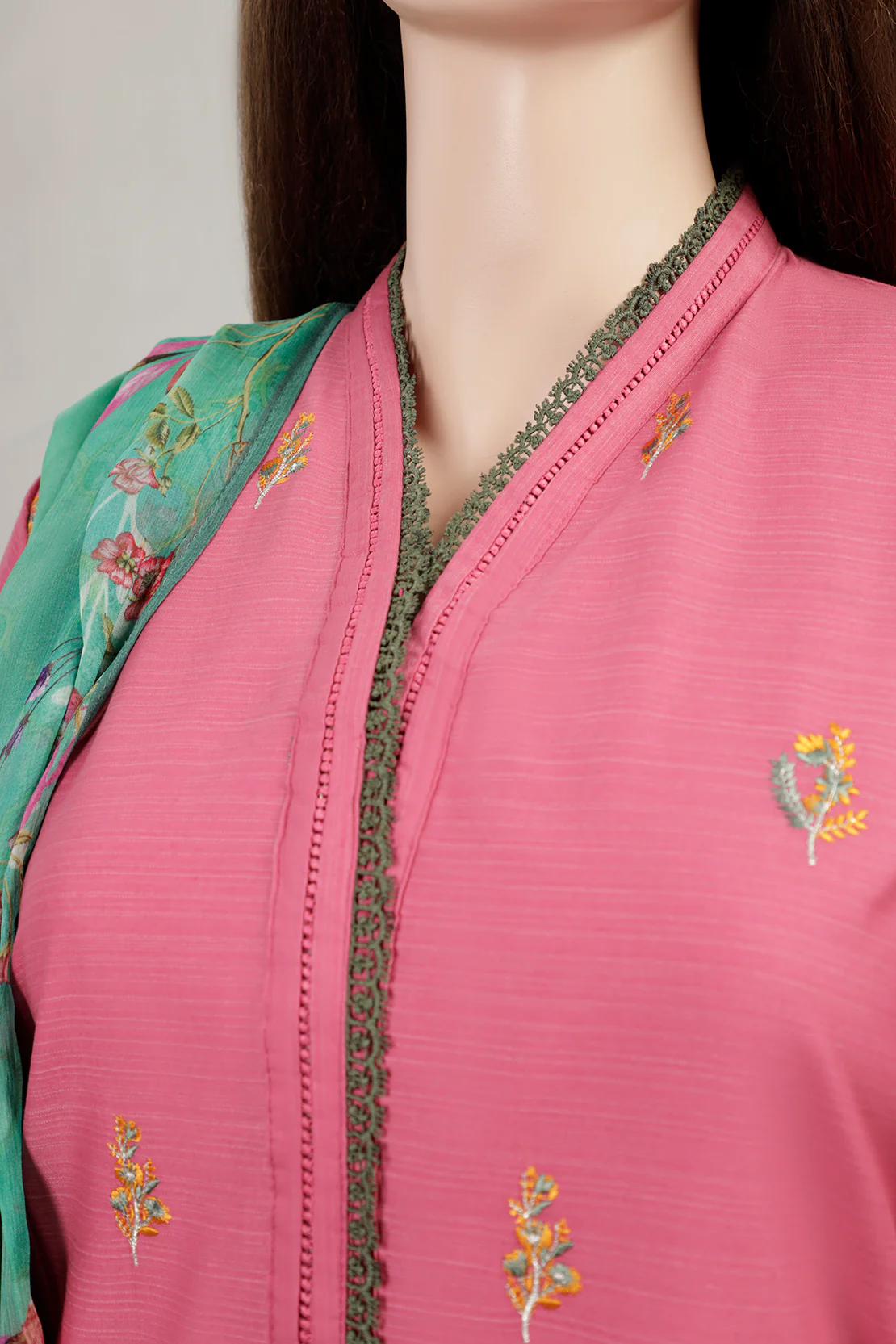 Solid Emb Zari Filament Stitched 3 Piece with Chiffon Dupatta - Image 3