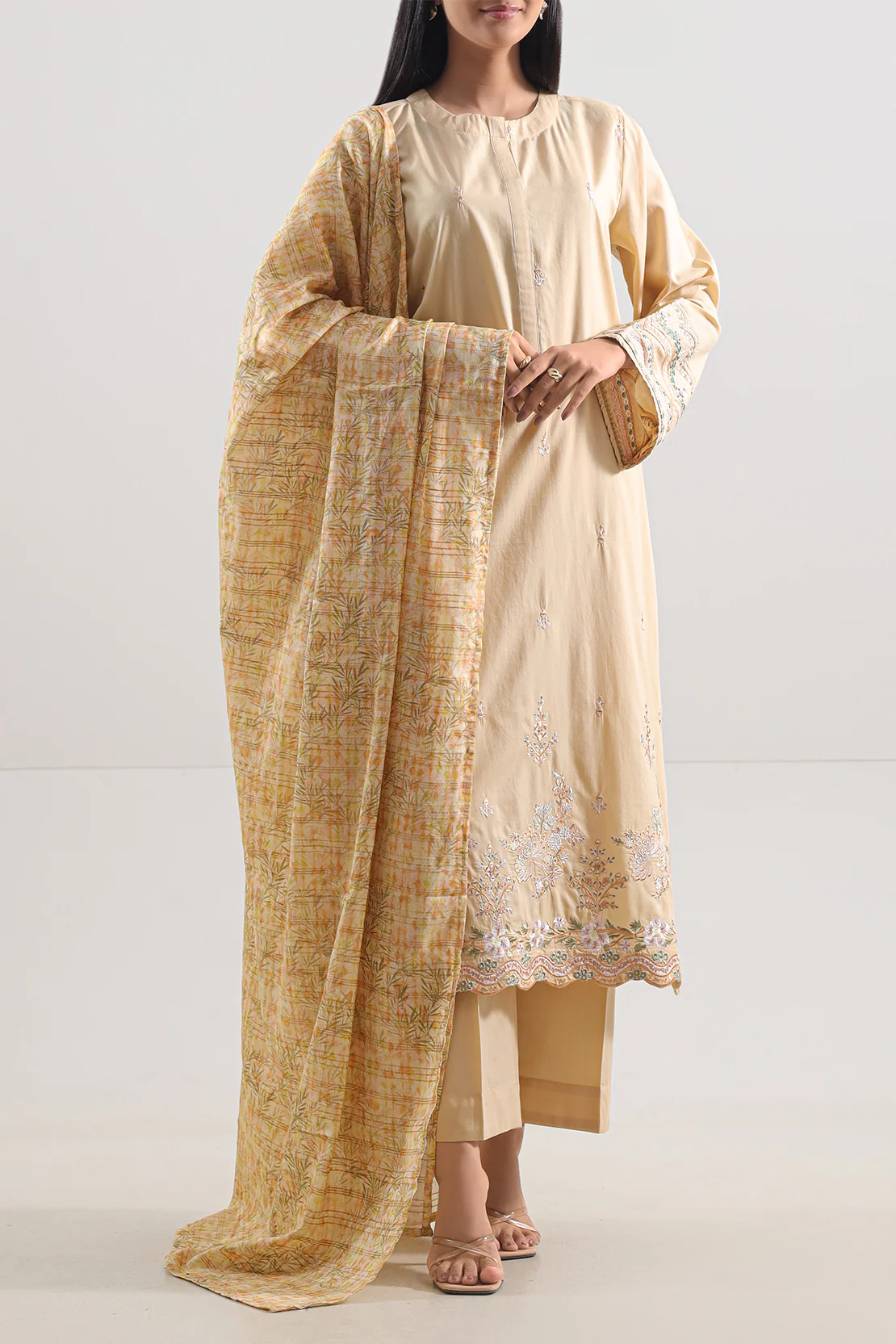 Solid Embroidered Cambric Stitched 3 Piece
