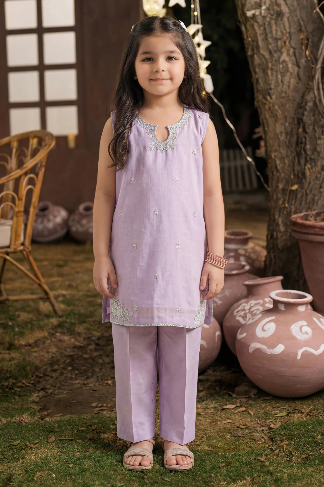 Solid Embroidered Chiffon Stitched 2 Piece (Shirt/Trouser) For Kids
