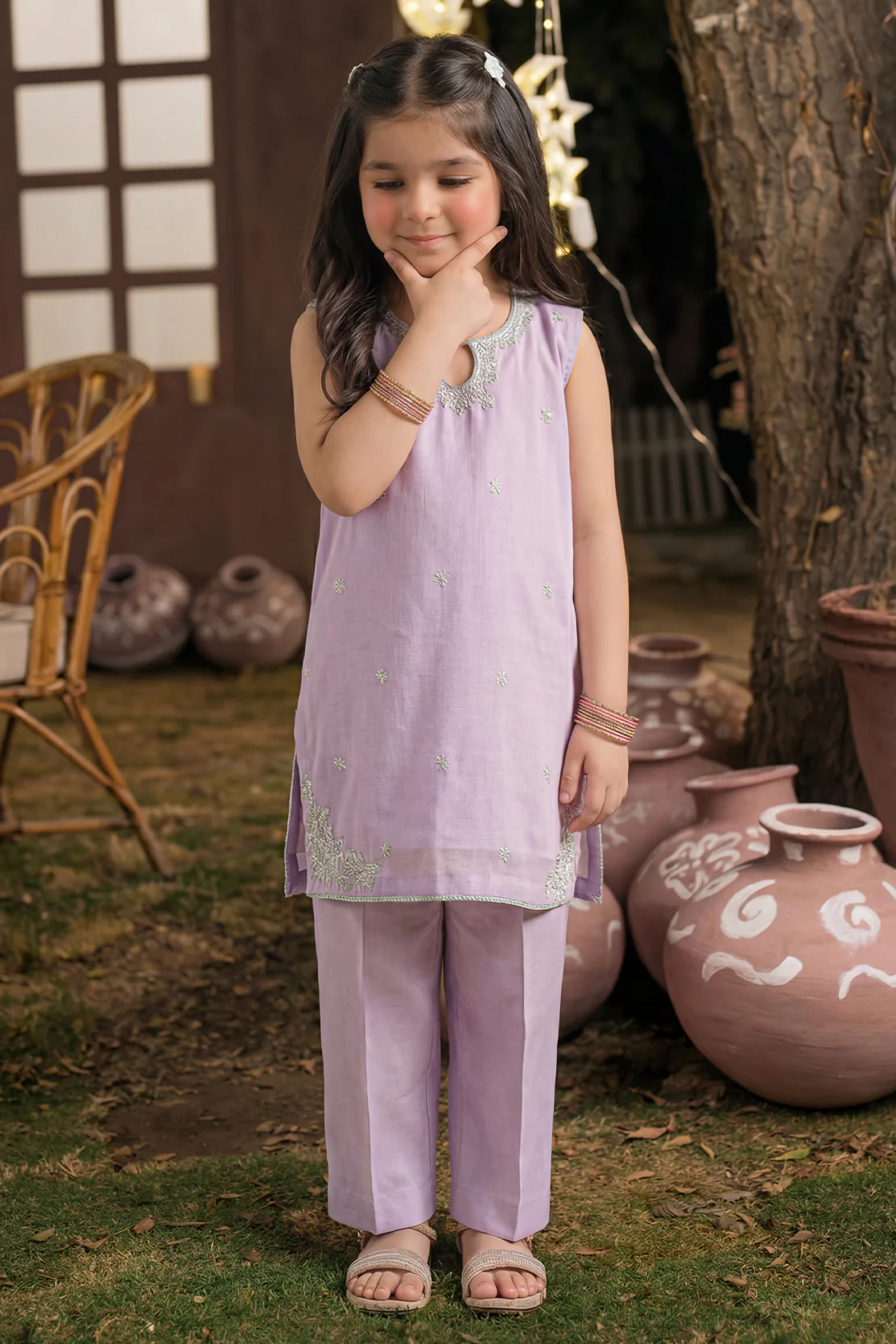 Solid Embroidered Chiffon Stitched 2 Piece (Shirt/Trouser) For Kids - Image 2