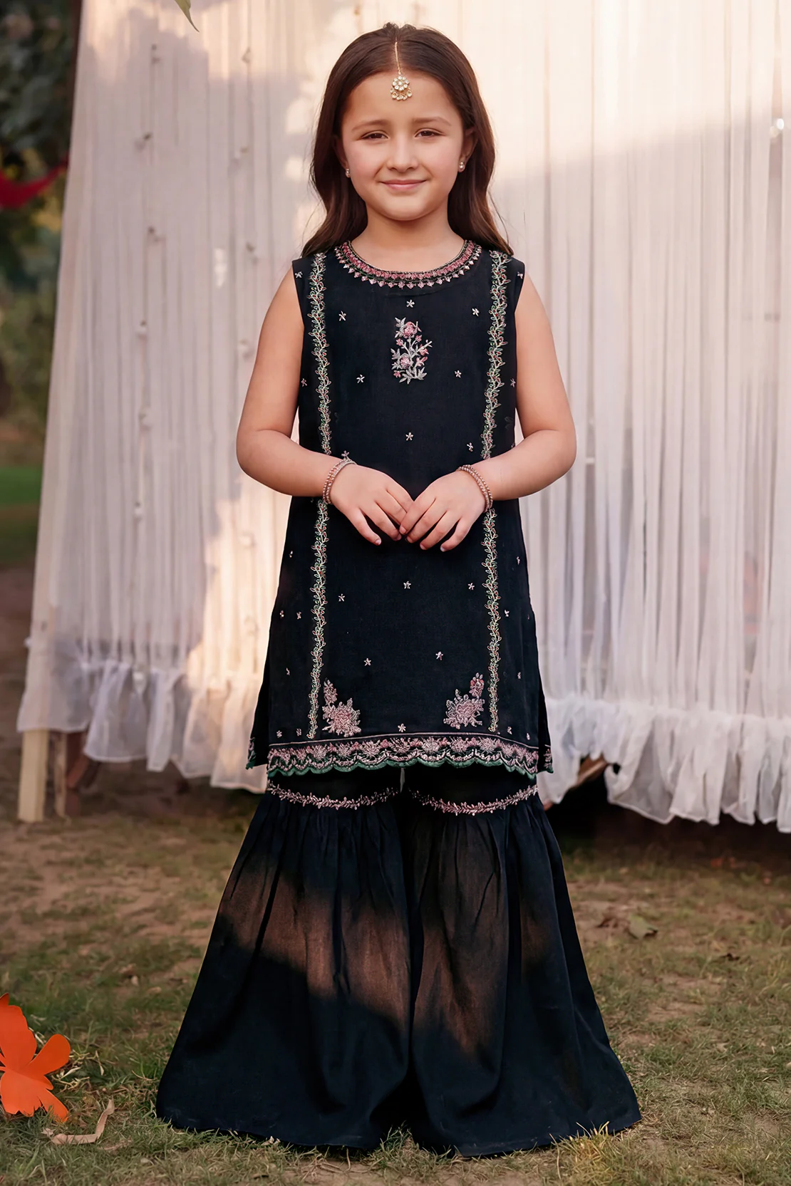 Solid Embroidered Chiffon Stitched 2 Piece (Shirt/Trouser) For Kids