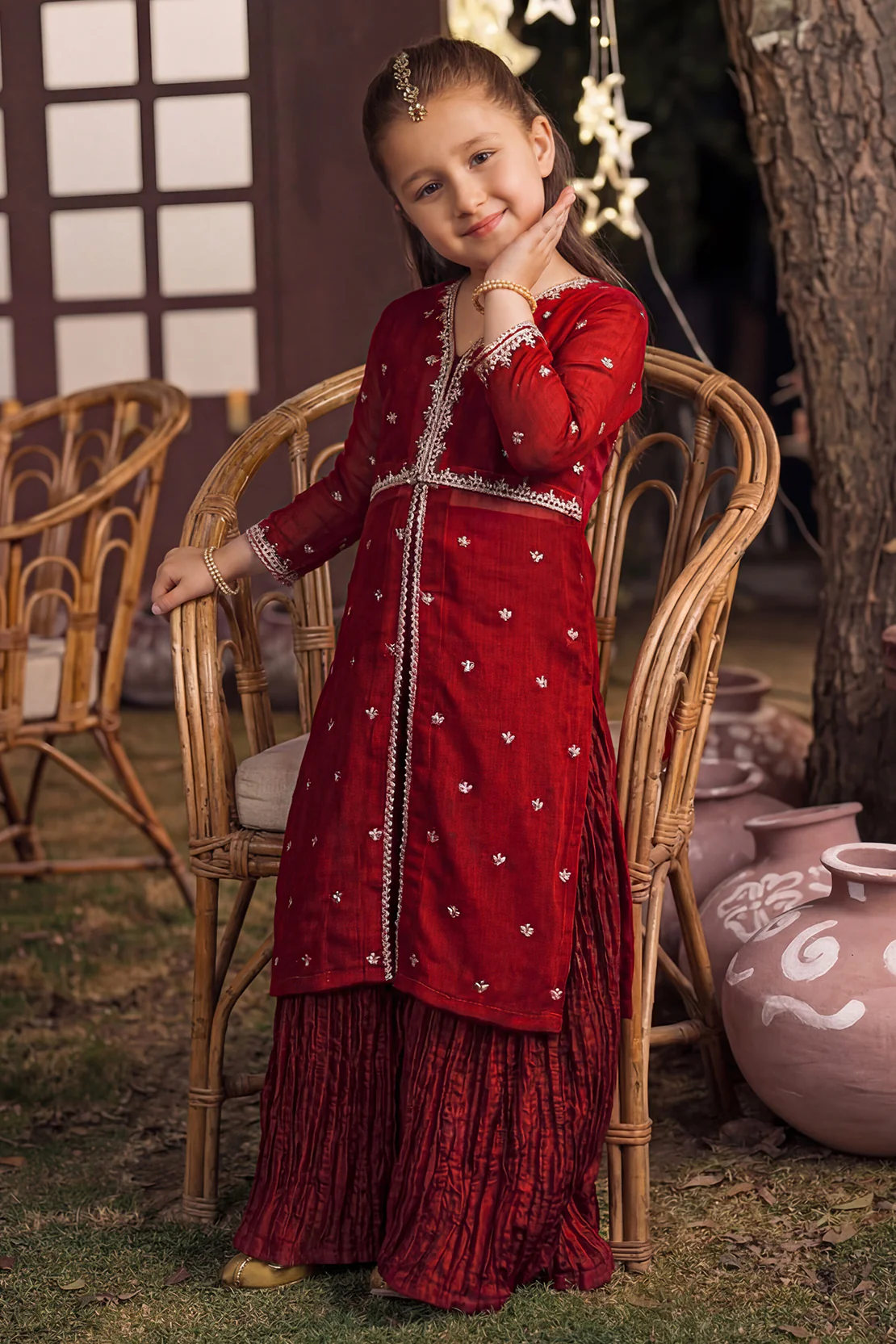 Solid Embroidered Chiffon Stitched 2 Piece (Shirt/Trouser) For Kids