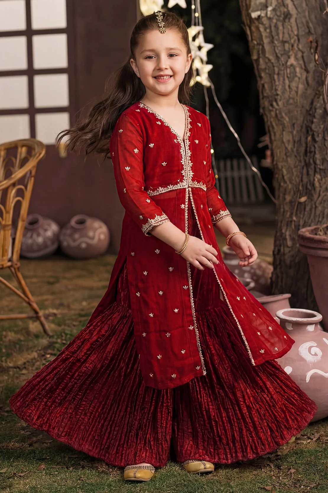 Solid Embroidered Chiffon Stitched 2 Piece (Shirt/Trouser) For Kids - Image 2