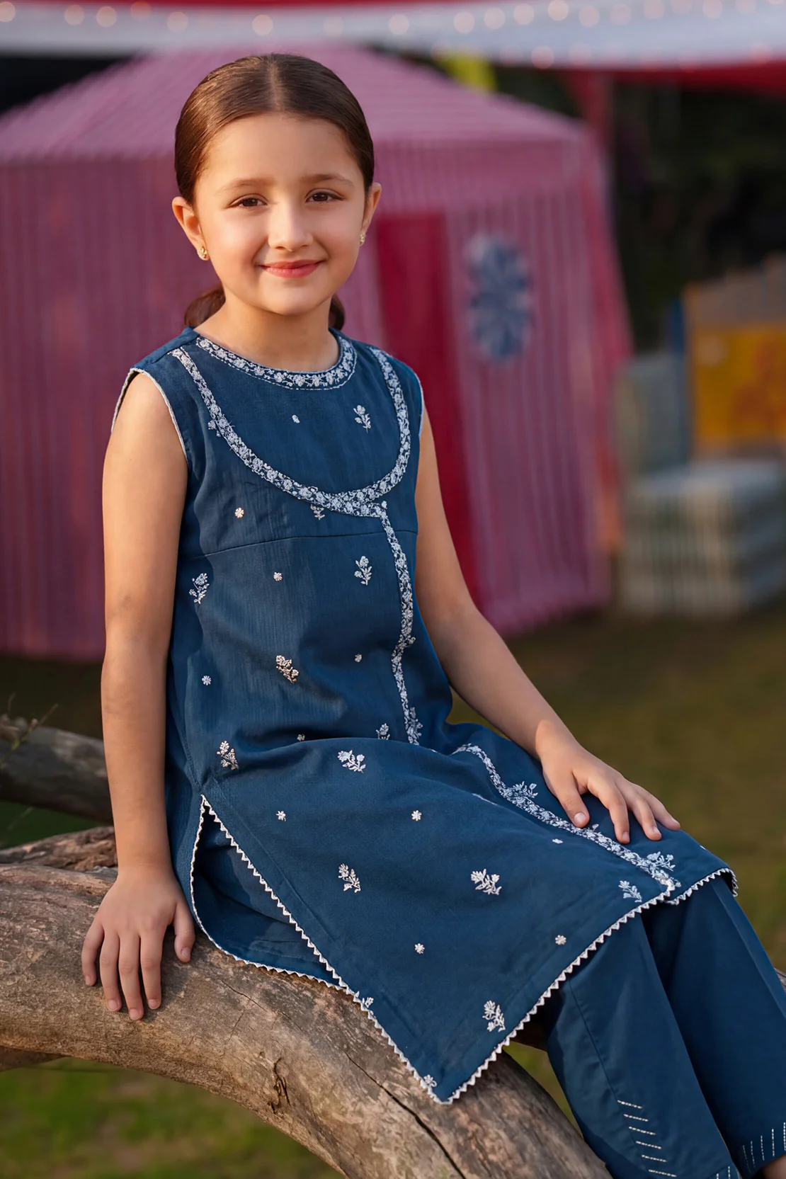 Solid Embroidered Chiffon Stitched 2 Piece (Shirt/Trouser) For Kids - Image 3