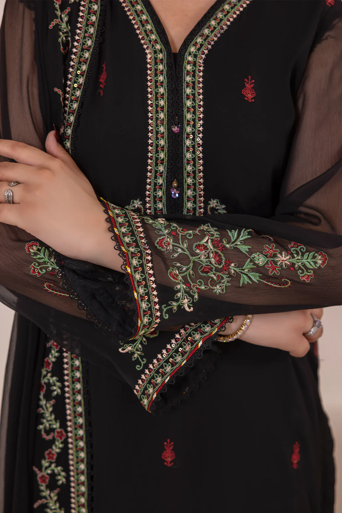 Solid Embroidered Chiffon Stitched 3 Piece - Image 5