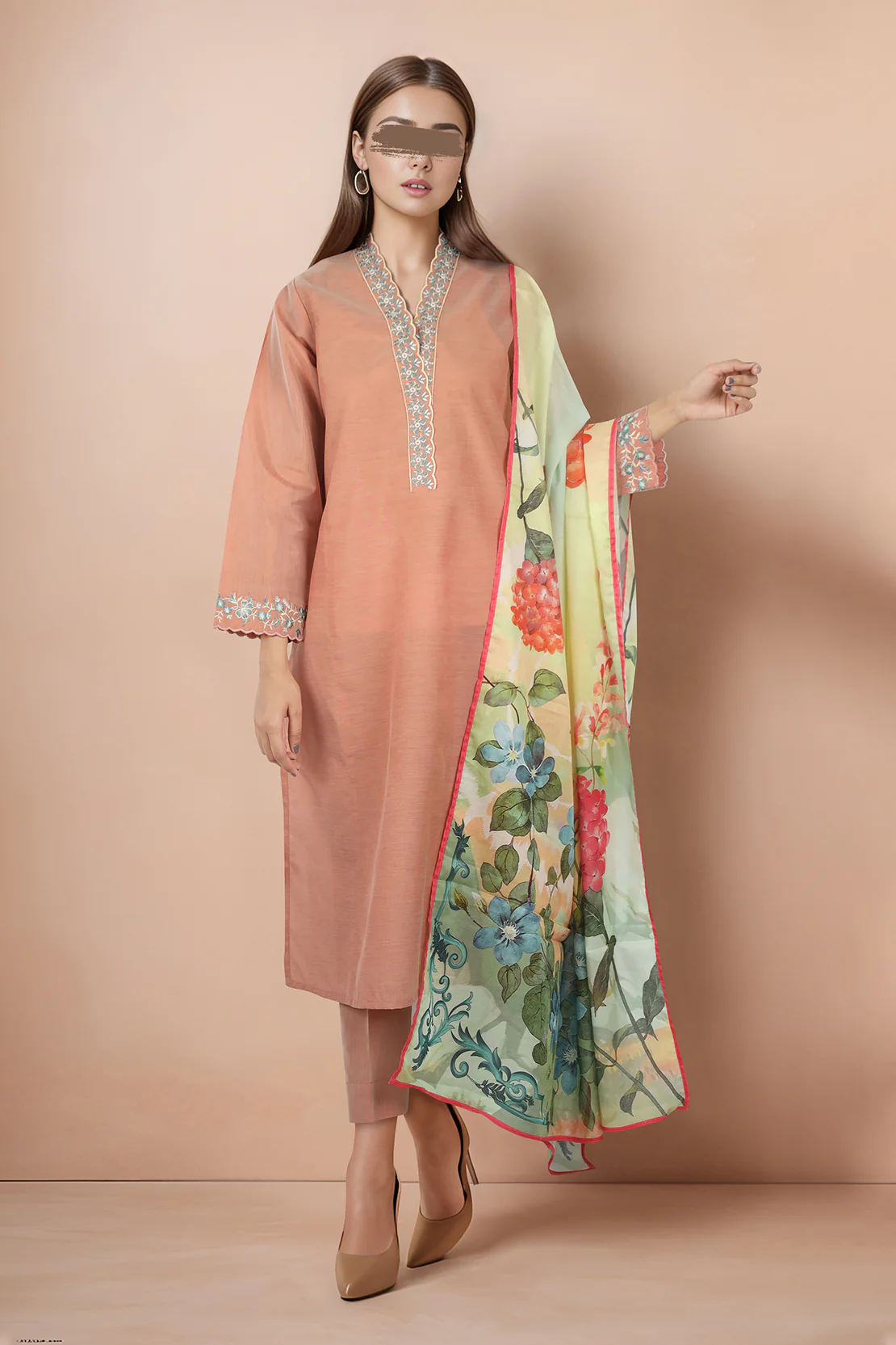 Solid Embroidered Cotton Filament Stitched 3 Piece - Image 2