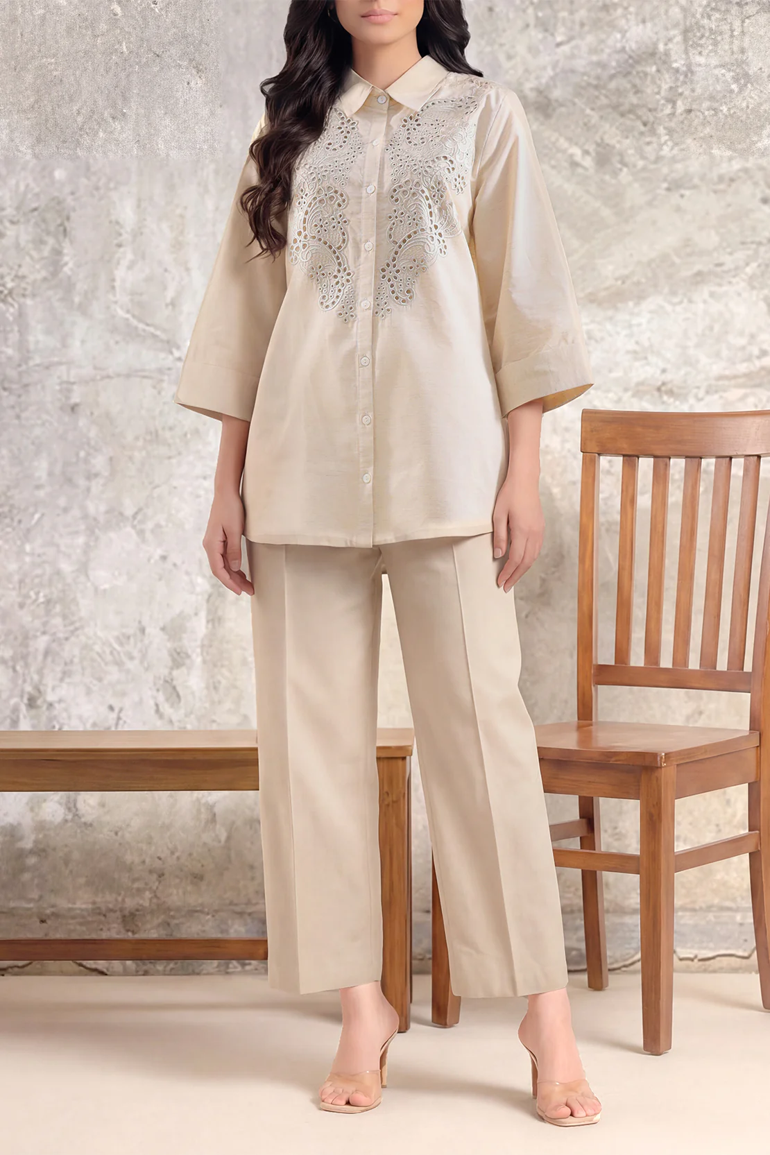 Solid Embroidered Cotton Linen Stitched 2 Piece (Shirt/Trouser)