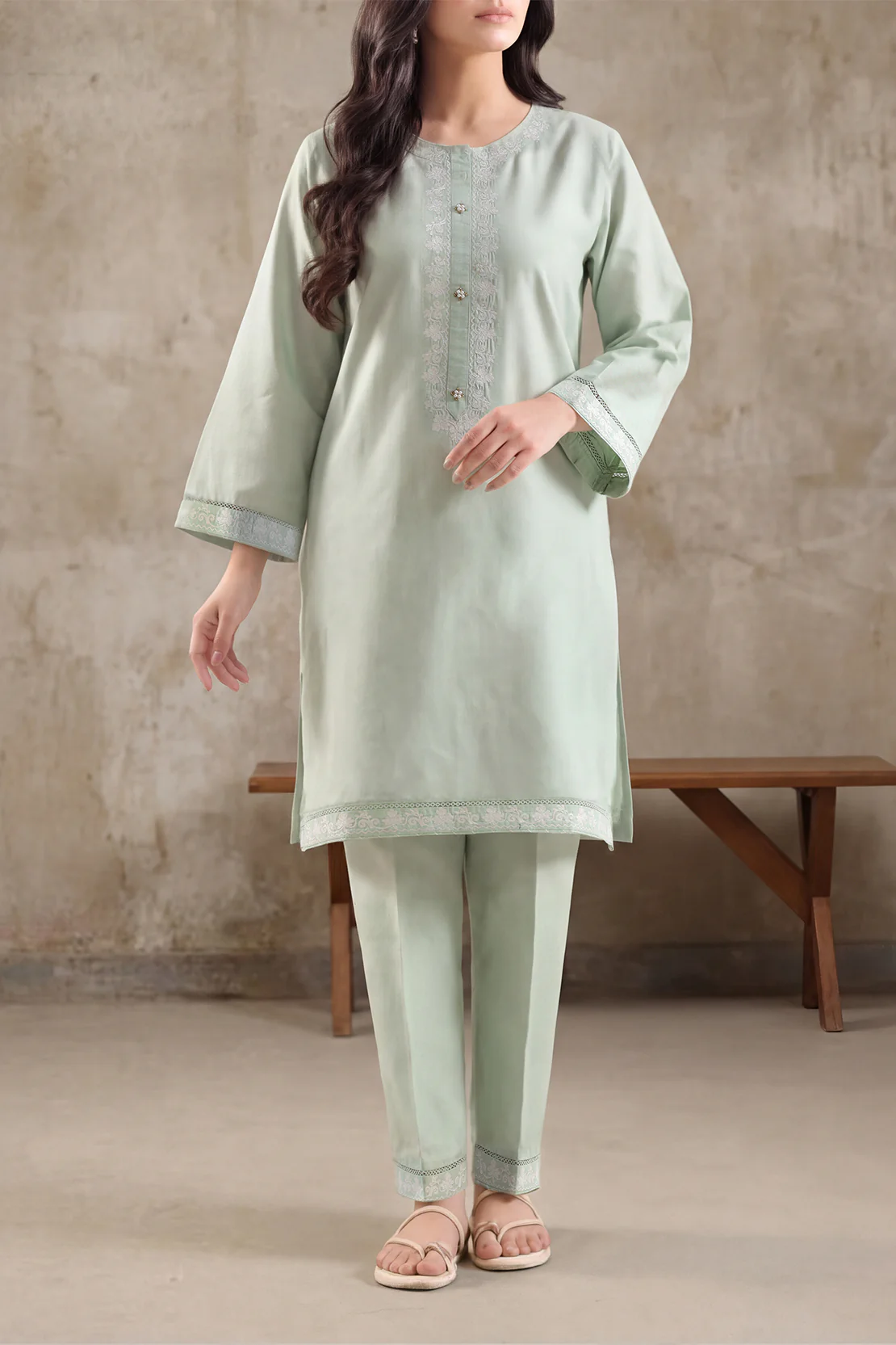 Solid Embroidered Cotton Linen Stitched 2 Piece (Shirt/Trouser)