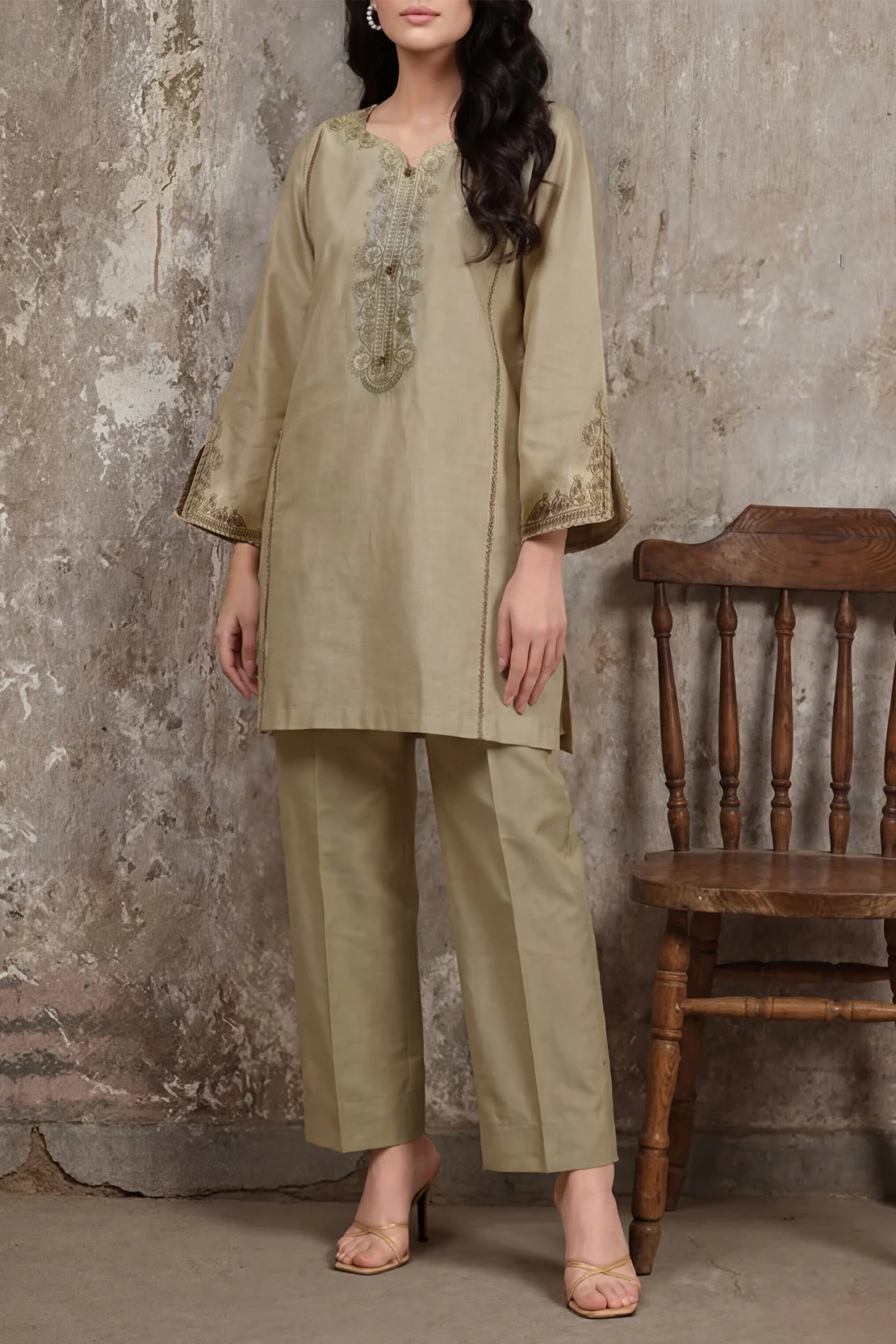 Solid Embroidered Cotton Linen Stitched 2 Piece (Shirt/Trouser)