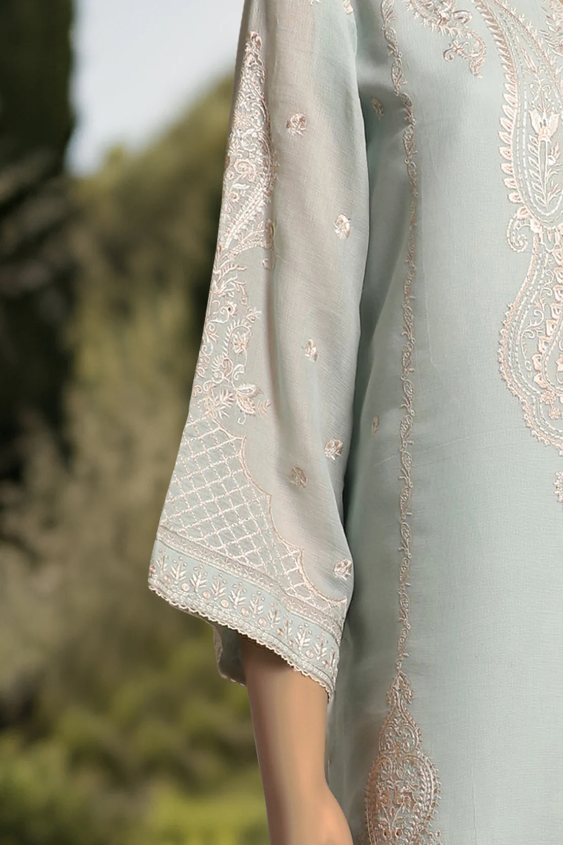 Solid Embroidered Cotton Net Stitched 3 Piece - Image 6