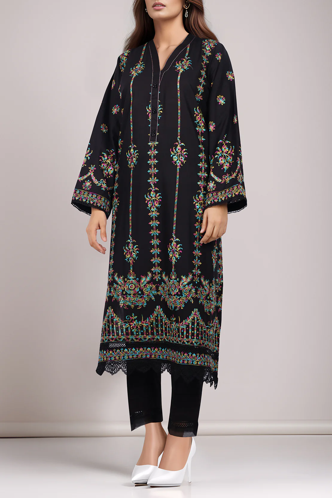 Solid Embroidered Cotton Stitched 2 Piece (Shirt/Trouser) - Image 2